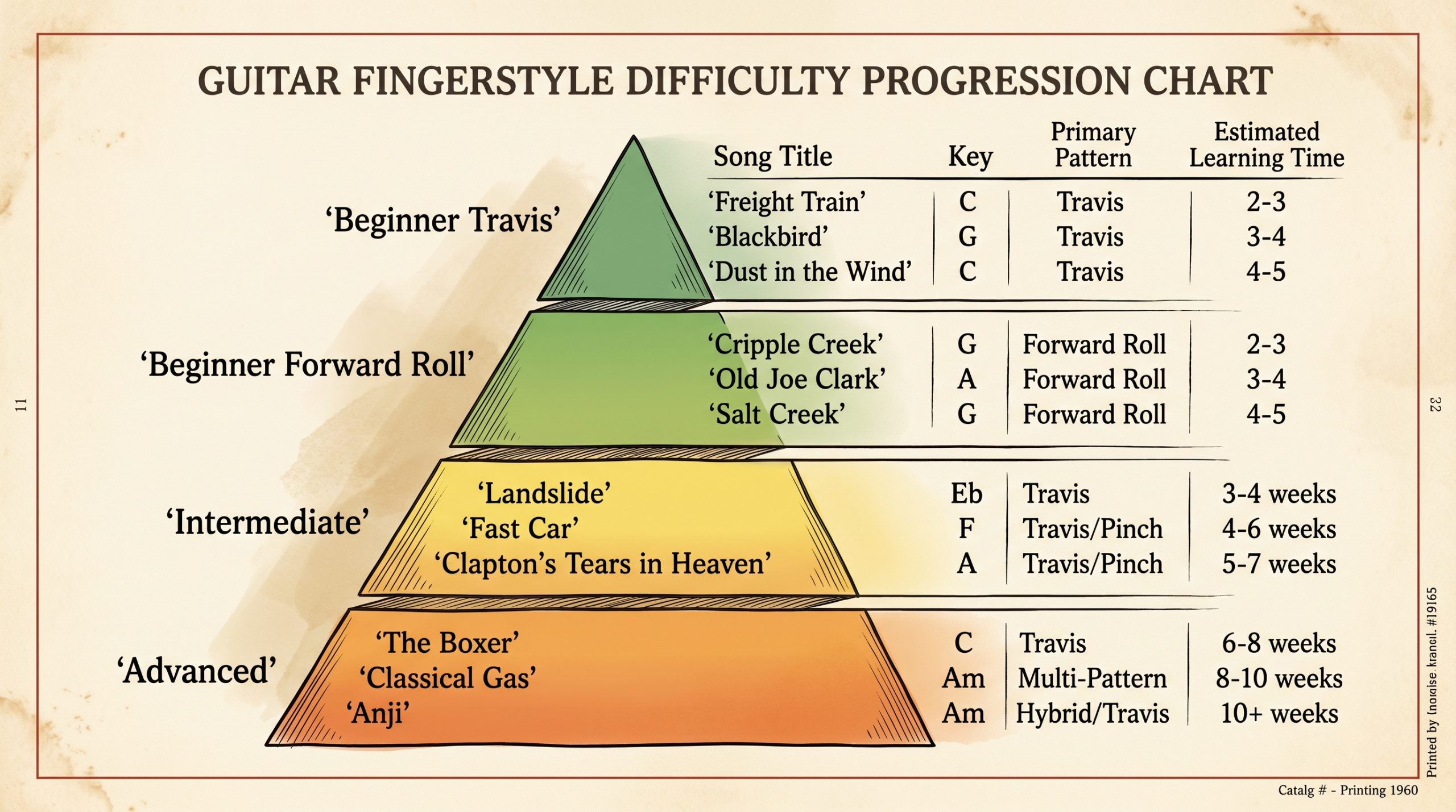 fingerpicking songs difficulty levels beginner intermediate chart