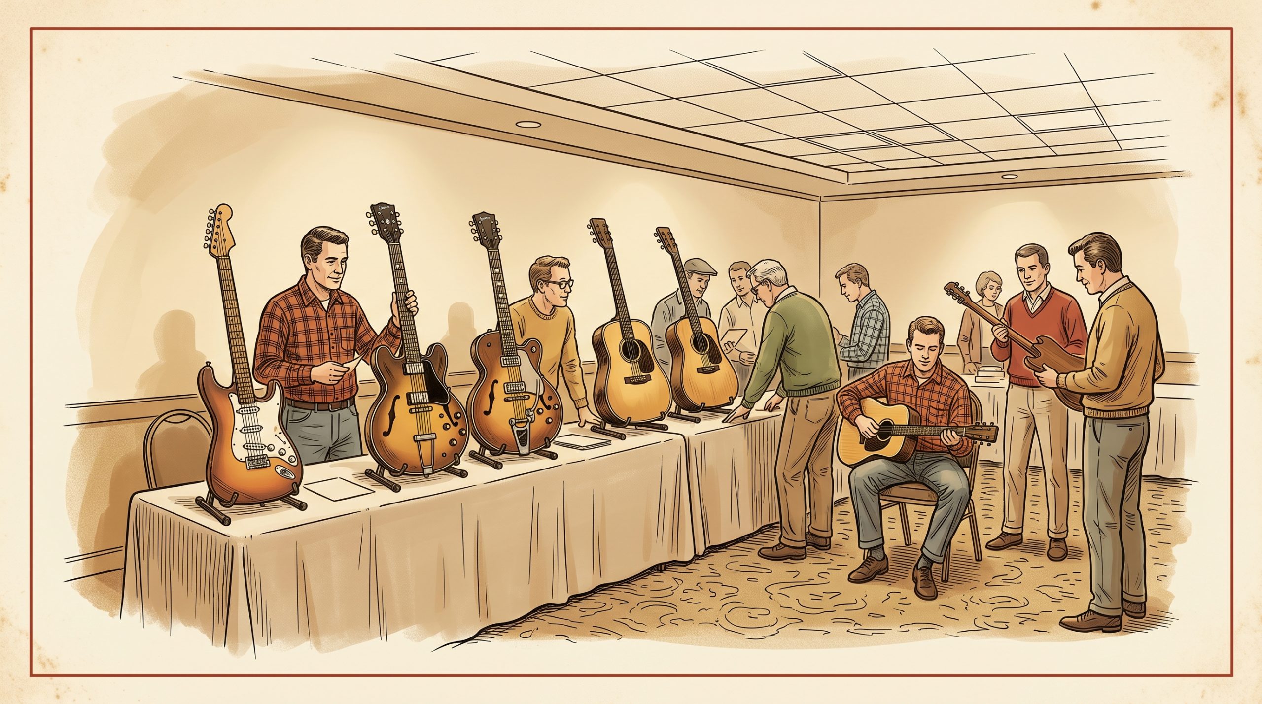 vintage guitar dealers and collectors at indoor show event