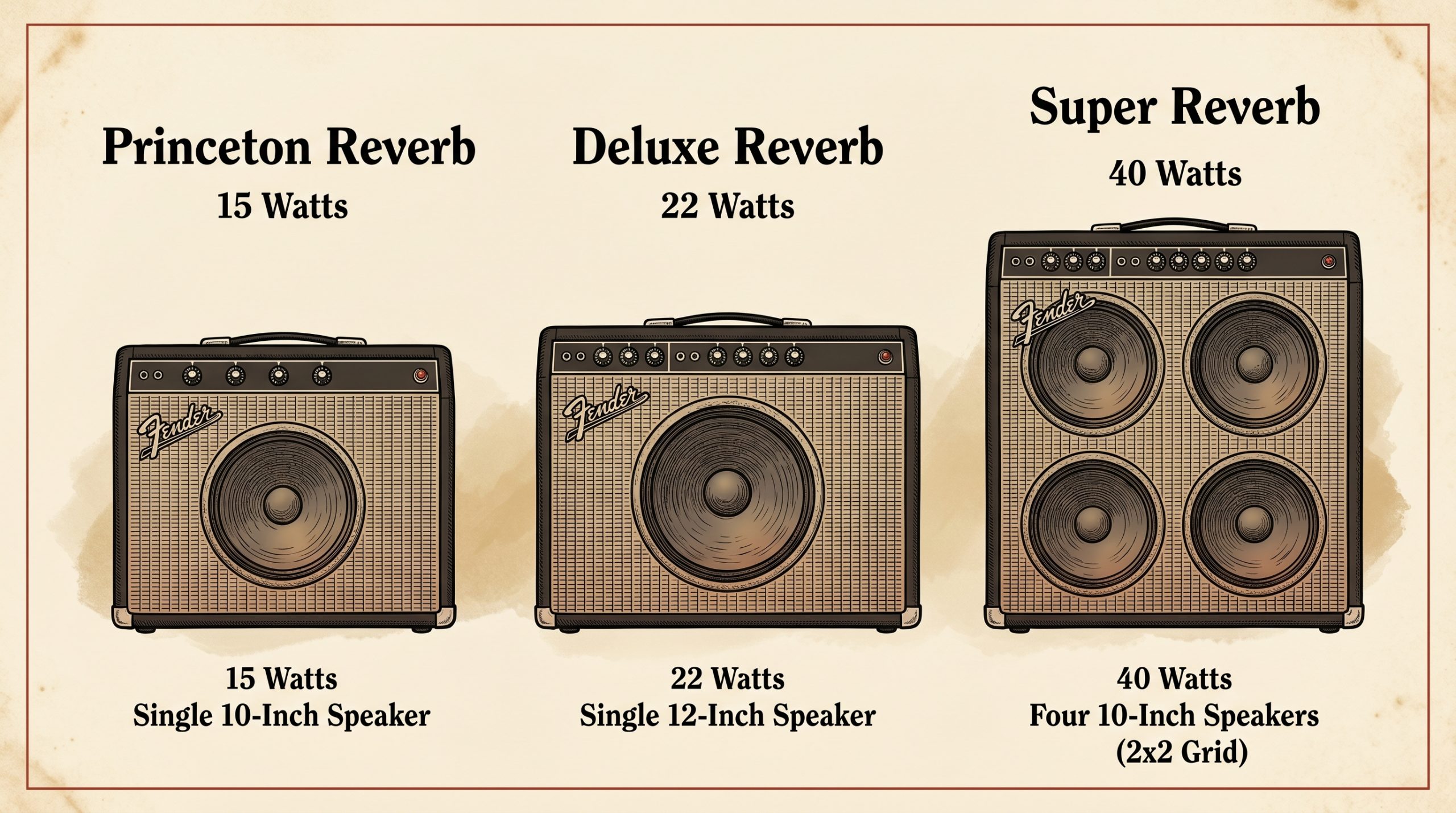 fender princeton reverb deluxe reverb super reverb wattage speaker comparison