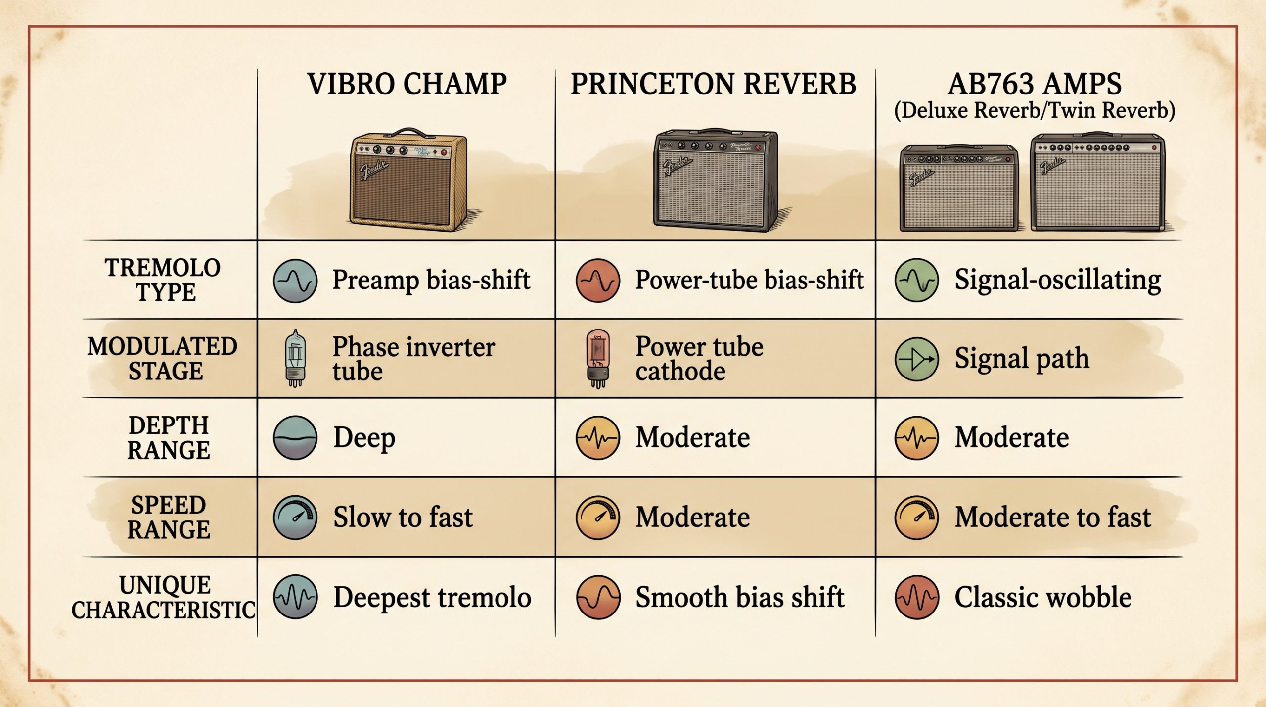 Fender tremolo types comparison Champ Princeton Deluxe Reverb chart