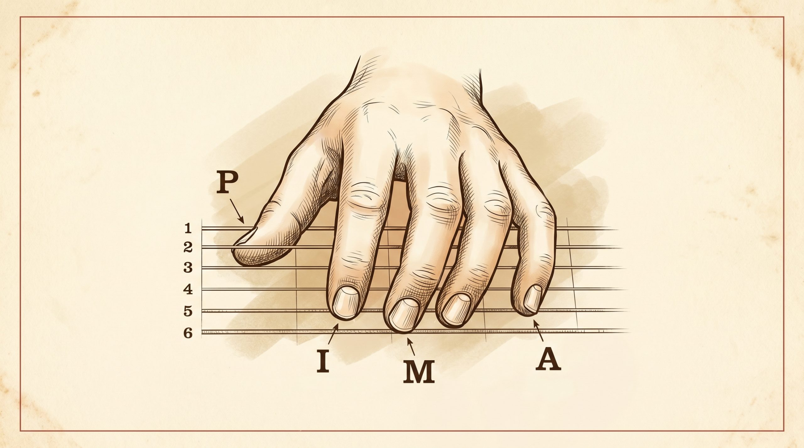 right hand fingerpicking position PIMA labels index middle ring thumb