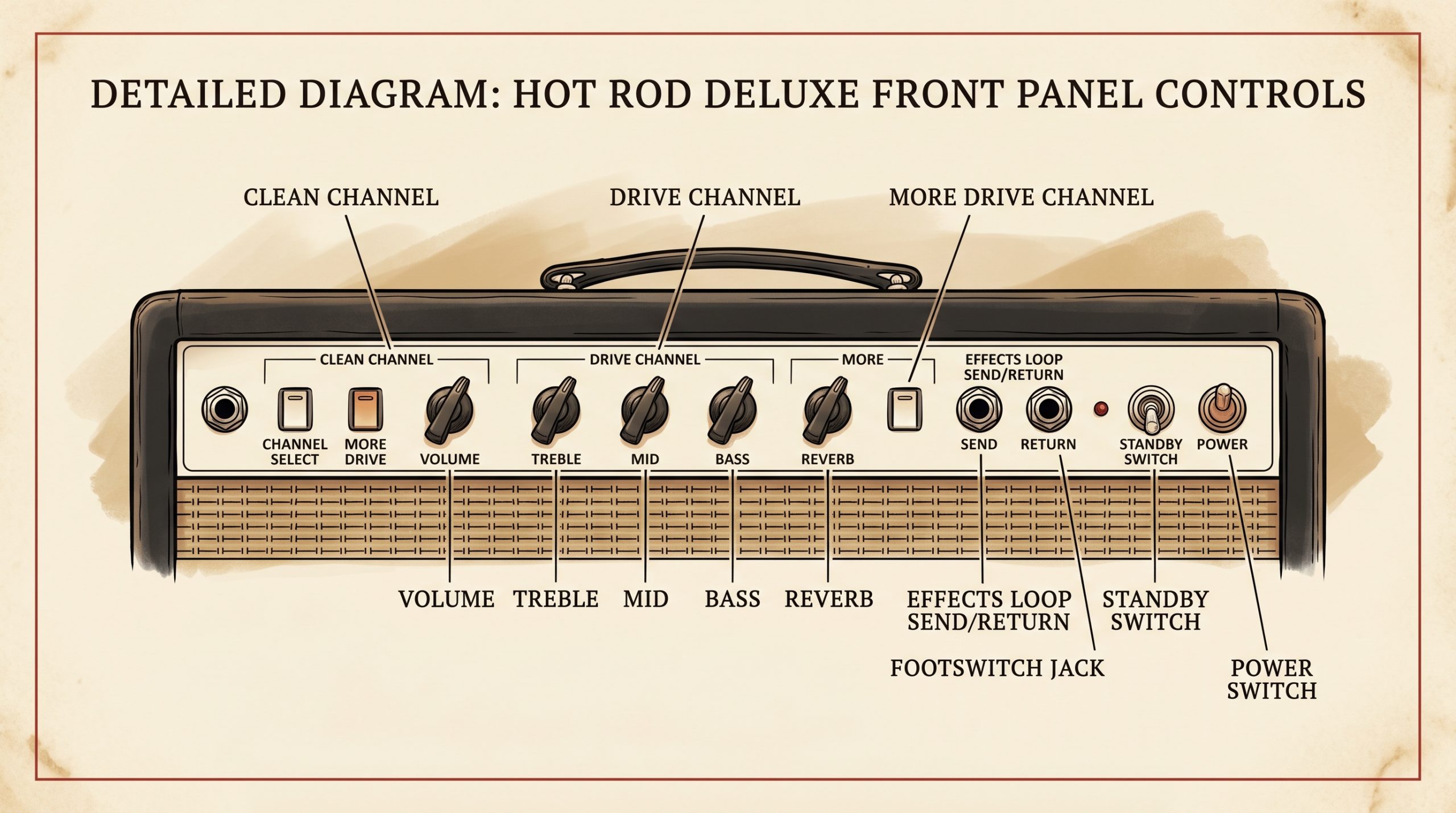 Hot Rod Deluxe control panel knobs switches channels clean drive reverb
