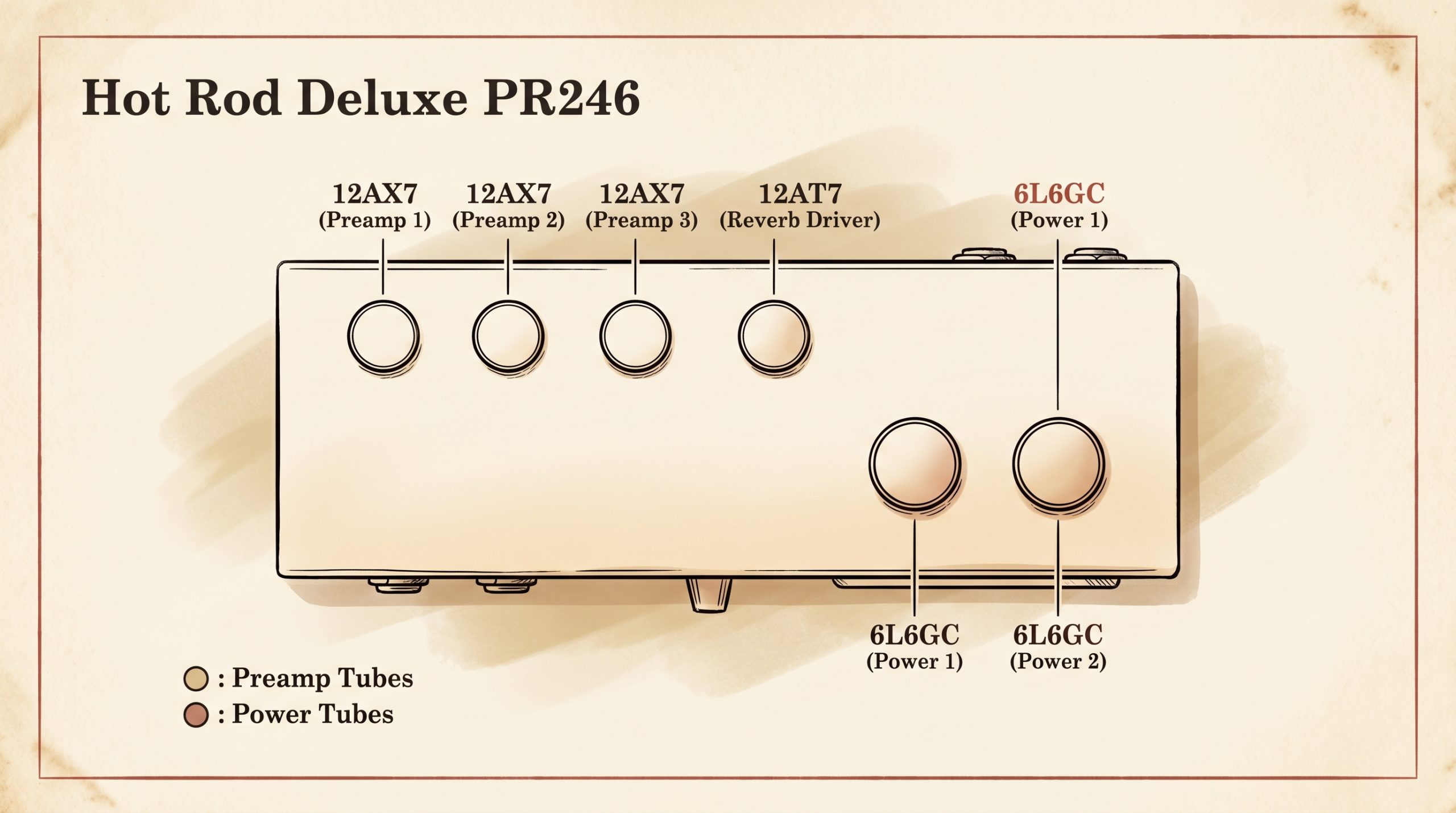 PR246 tube layout 3x 12AX7 and 2x 6L6GC preamp power tubes