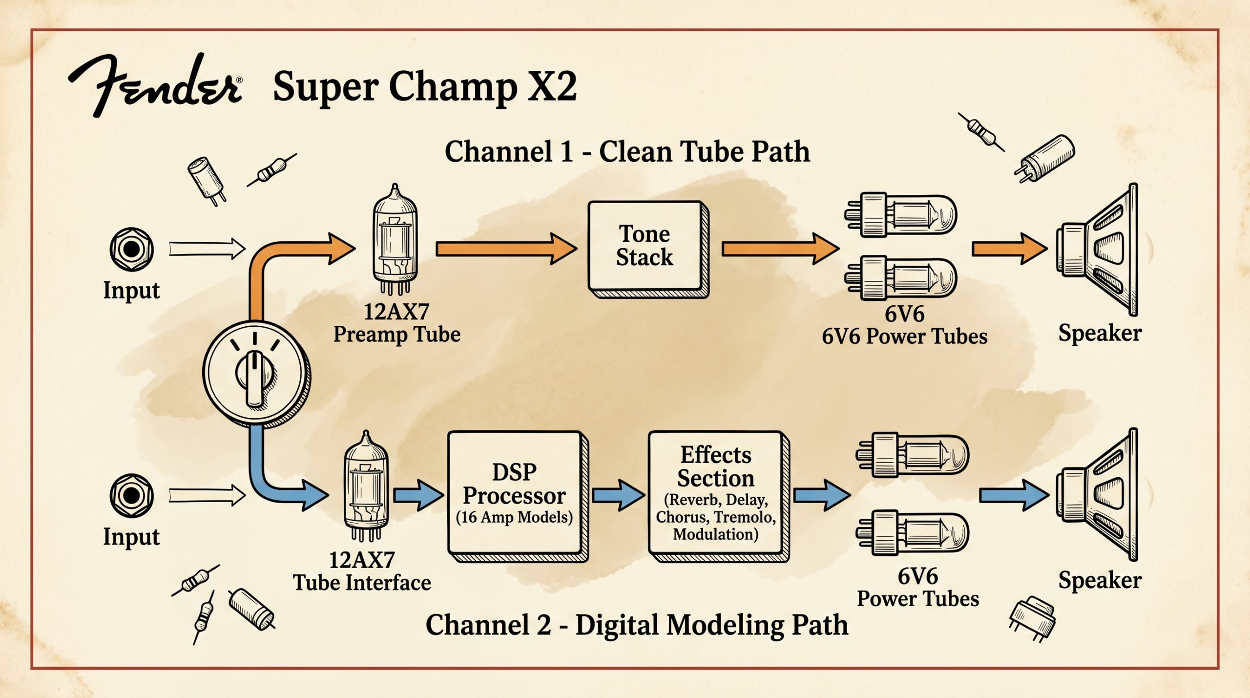 Super Champ X2 dual channel signal flow Channel 1 clean Channel 2 DSP