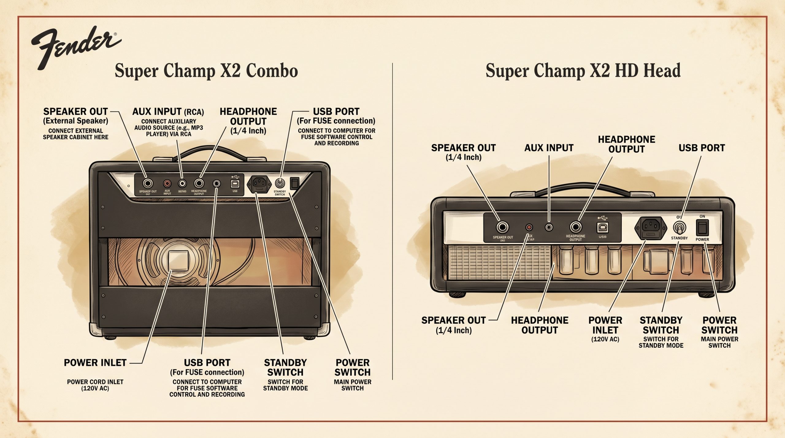 Super Champ X2 rear panel inputs outputs USB connections labeled