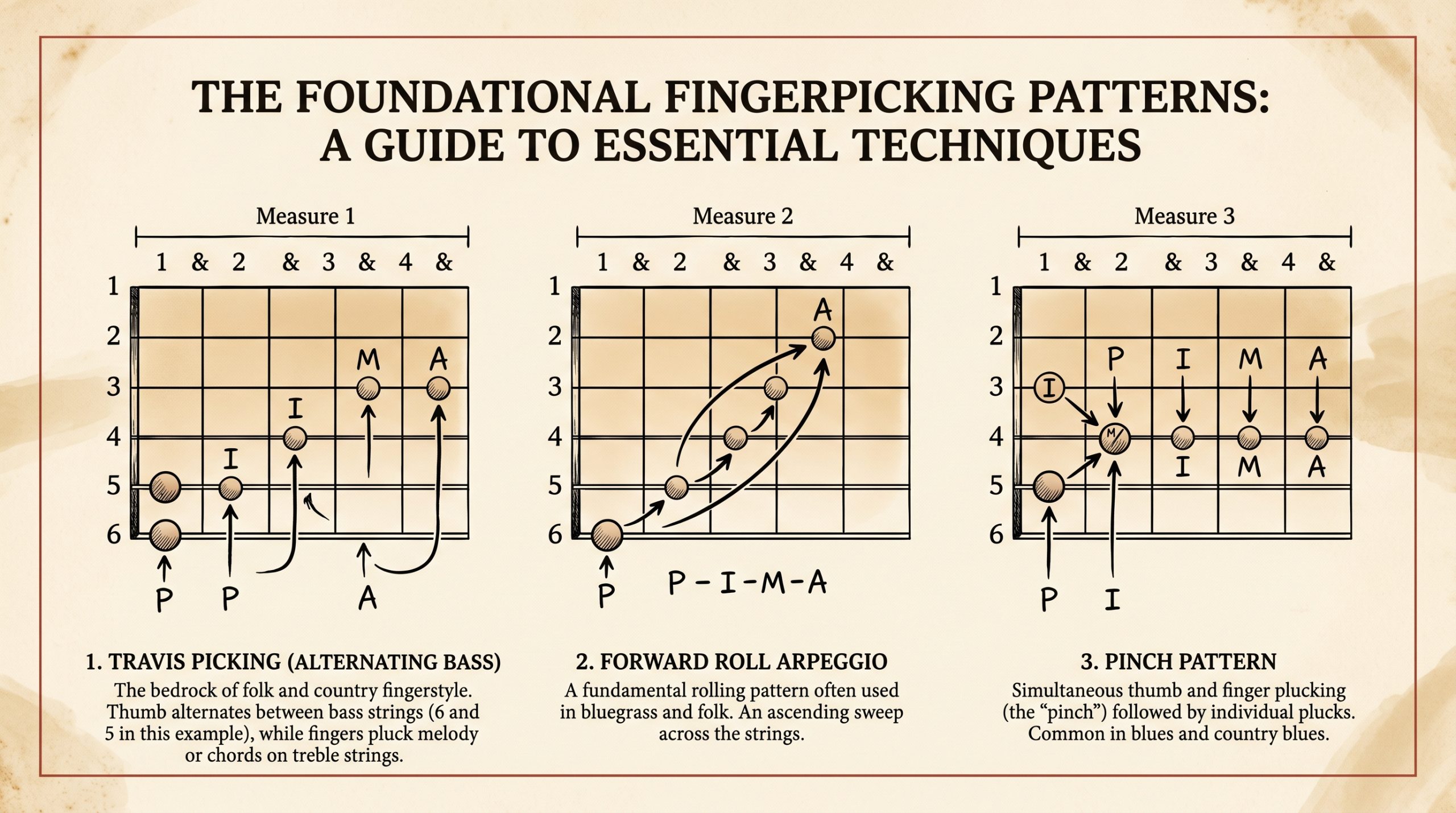 travis picking forward roll pinch patterns PIMA notation diagram