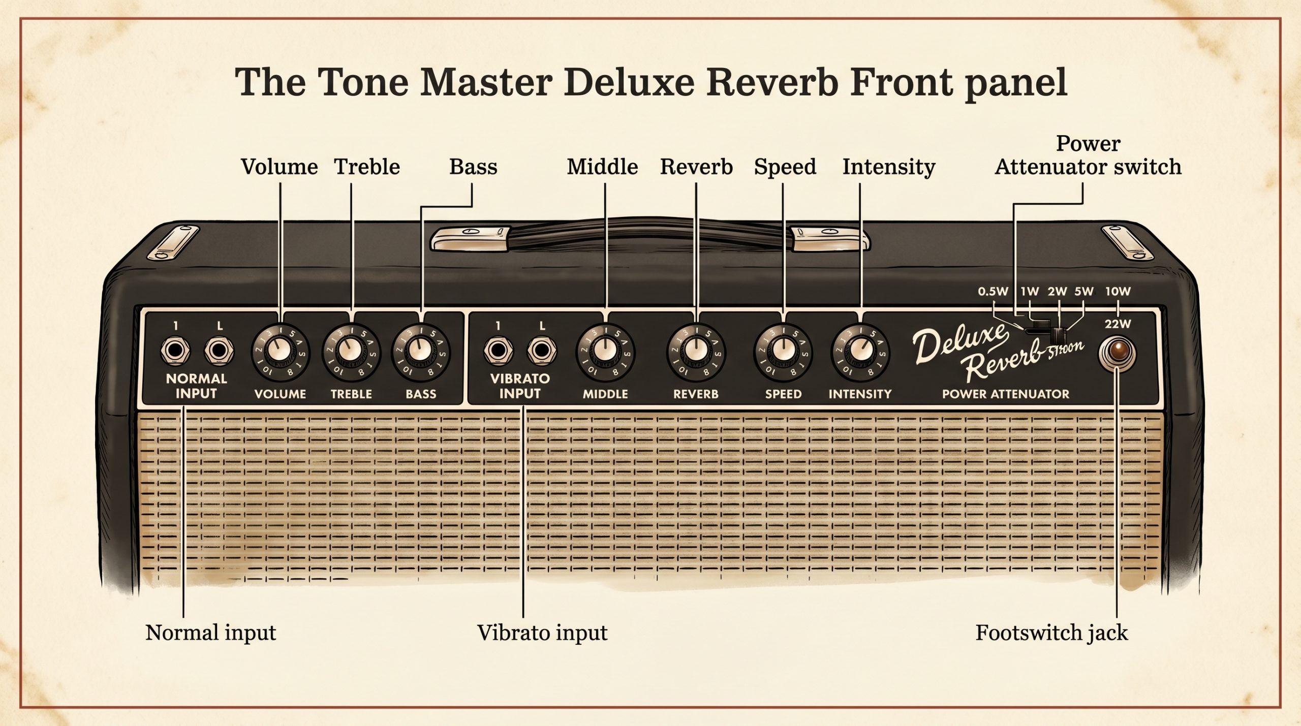 Tone Master Deluxe Reverb front panel controls knobs inputs attenuator switch