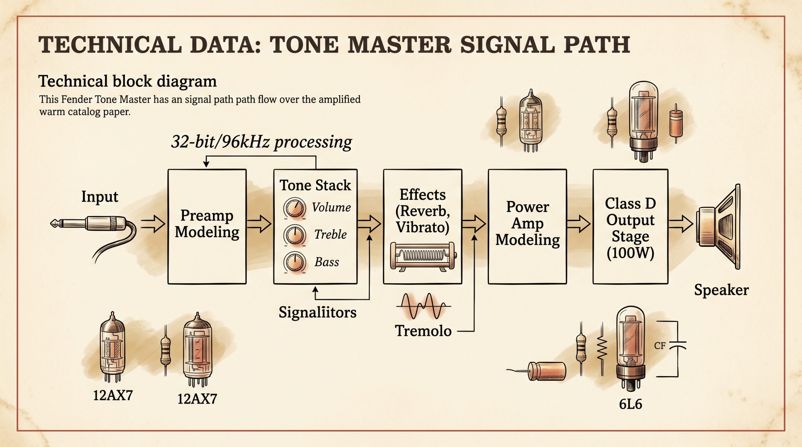 Tone Master Deluxe Reverb DSP signal chain 32-bit 96kHz processing block diagram