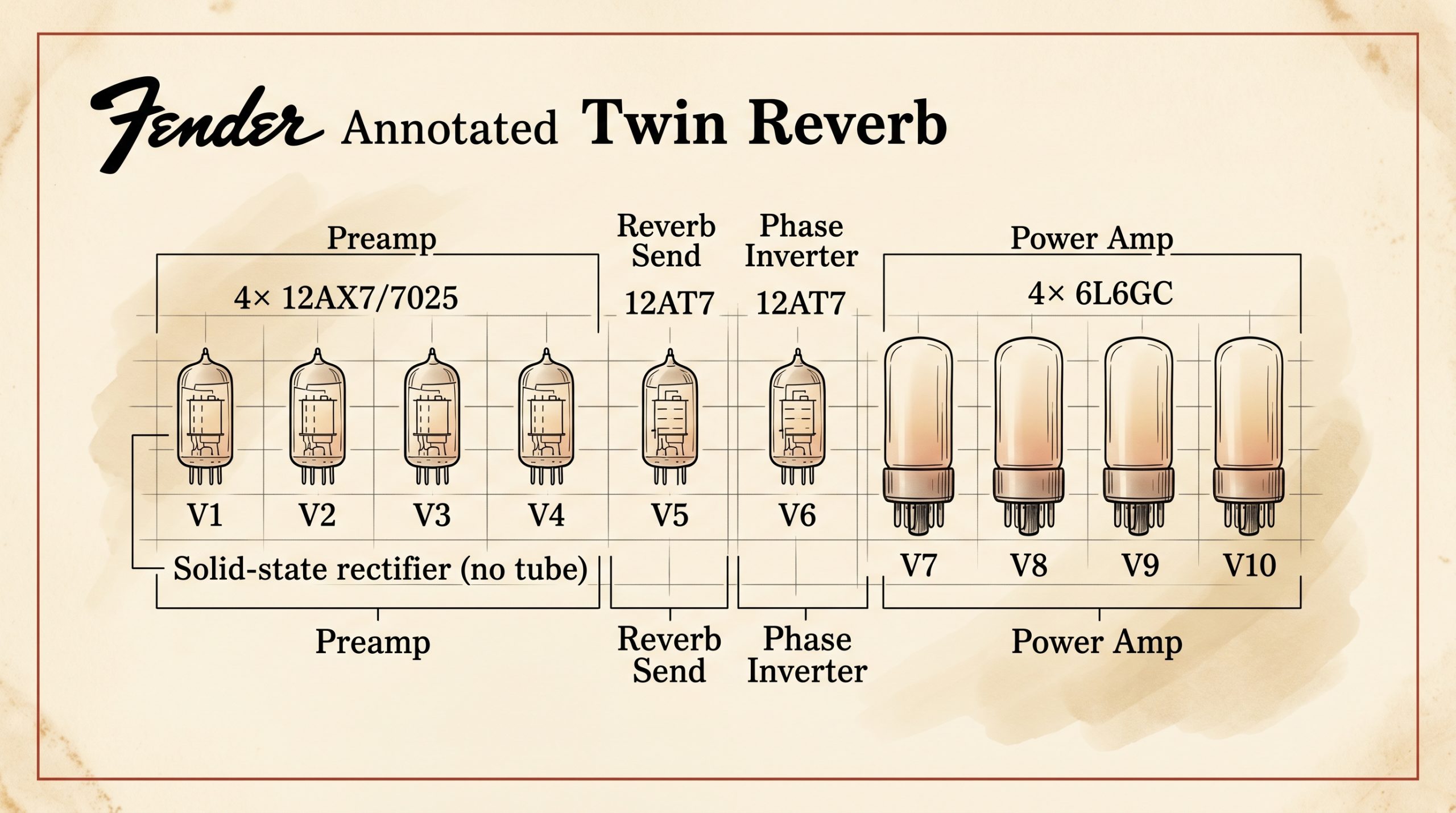 Twin Reverb tube complement 4x 6L6GC 4x 12AX7 2x 12AT7 solid-state rectifier
