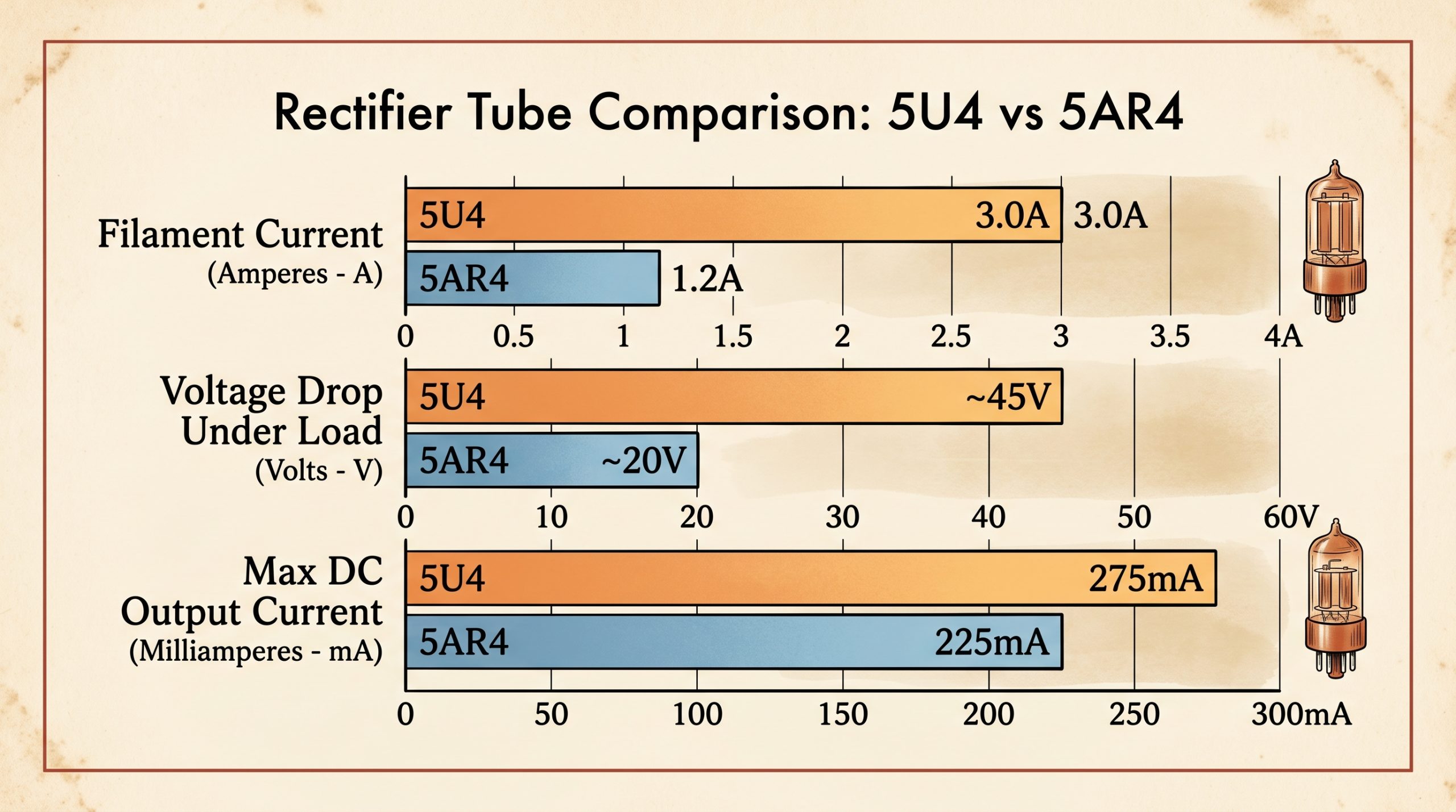 5U4 vs 5AR4 rectifier tube voltage drop sag specifications chart