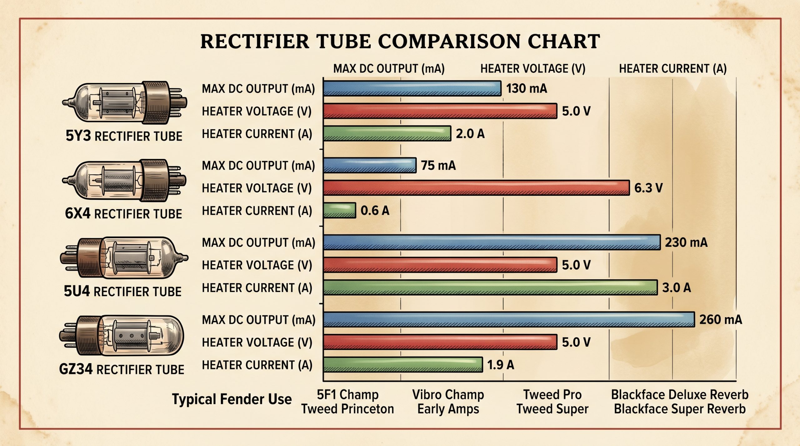 5Y3 6X4 5U4 GZ34 rectifier tube comparison current capacity heater