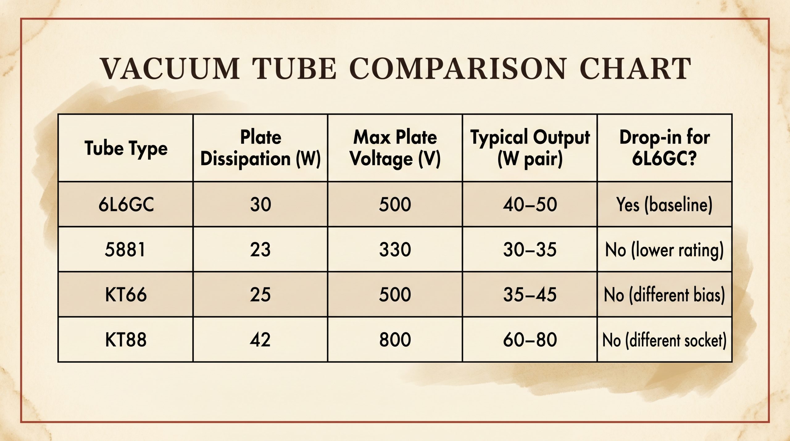 6L6GC 5881 KT66 KT88 power tube specifications comparison chart