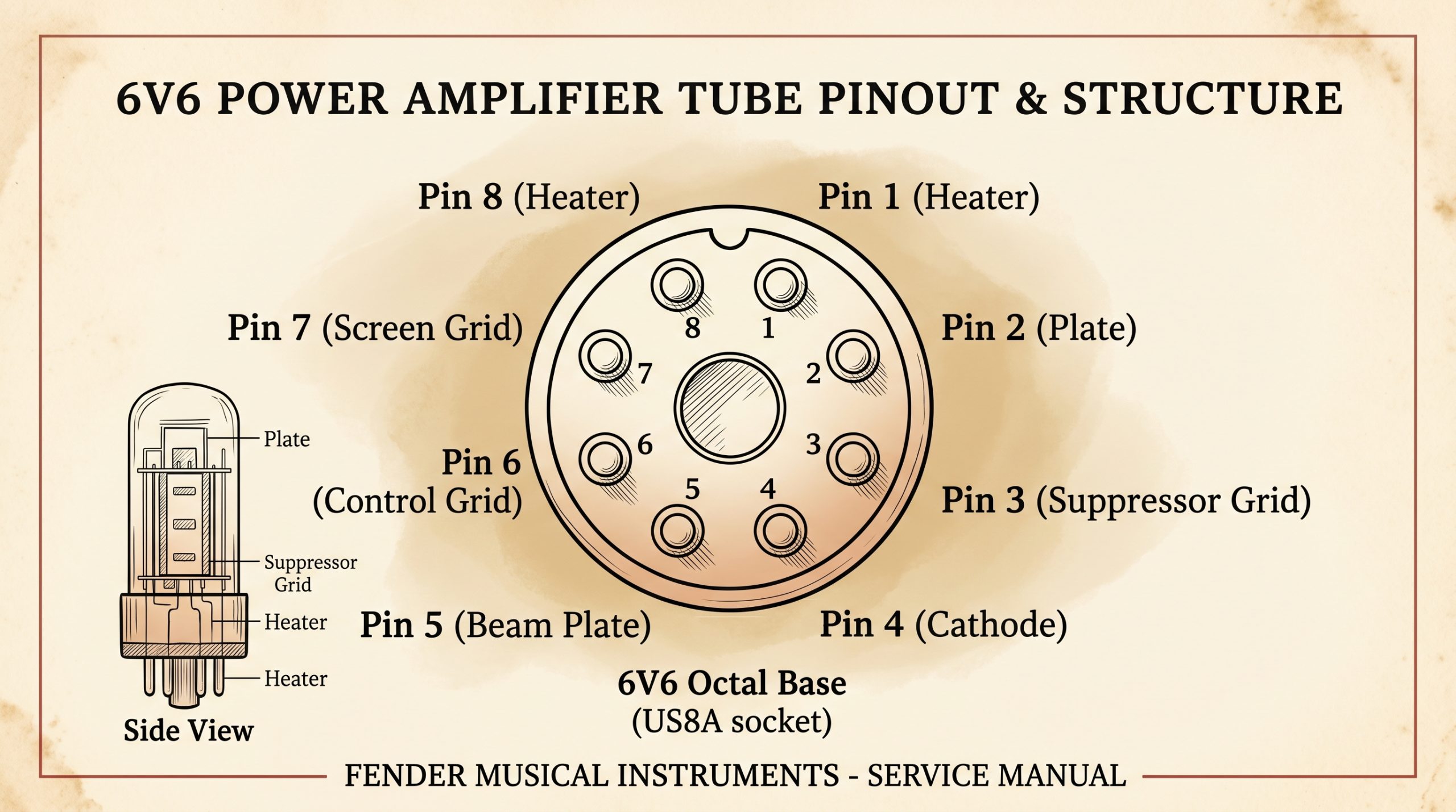6V6 octal base pinout diagram pin 1-8 connections