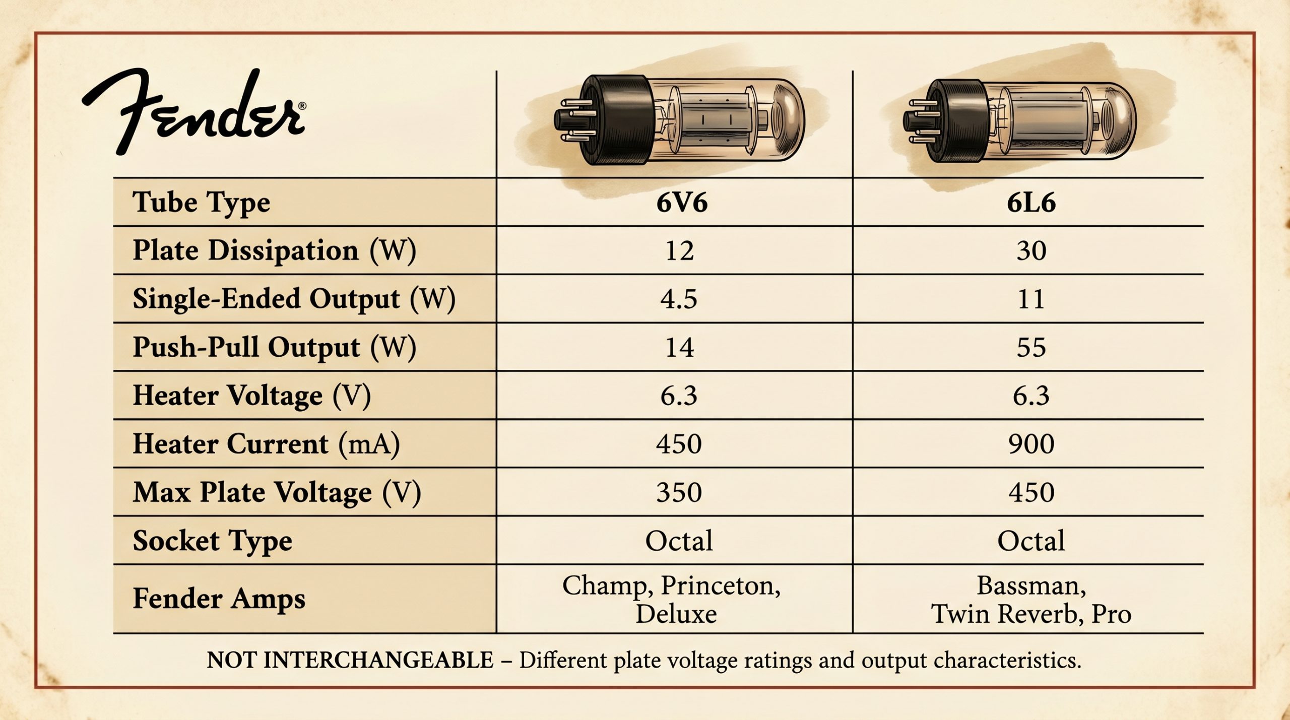 6V6 versus 6L6 power tube specifications comparison table