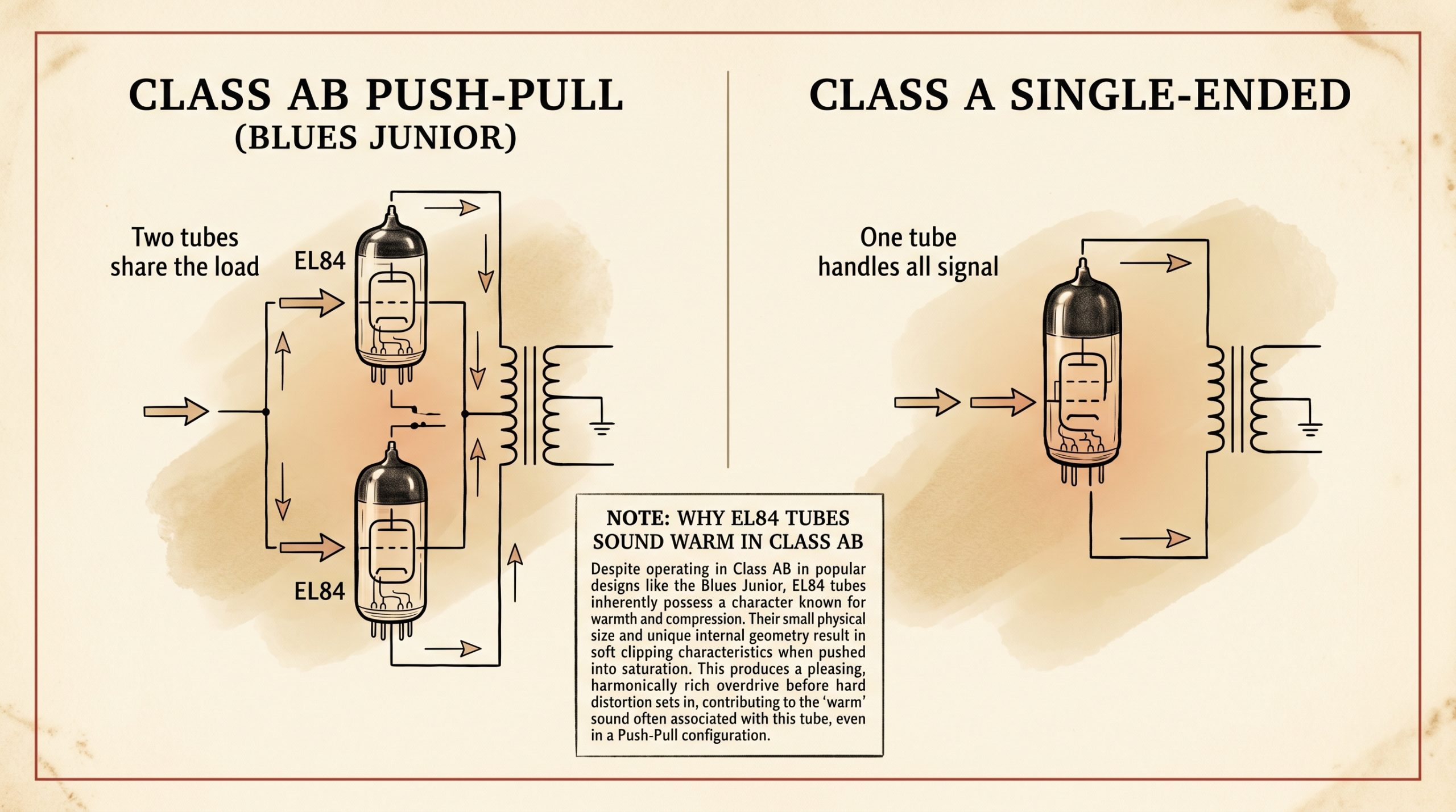 Class AB push-pull vs Class A single-ended tube amp output configuration diagram