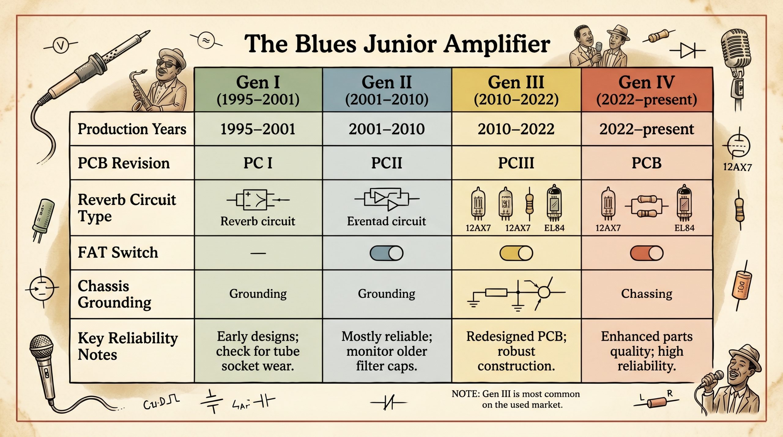 Fender Blues Junior generations I II III IV specifications comparison chart