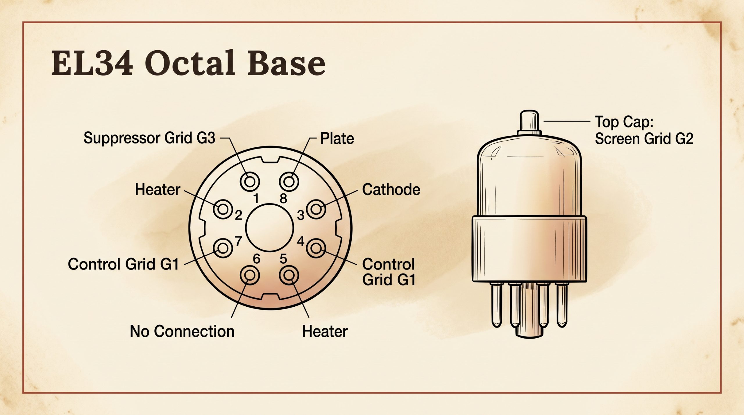 Diagram of the EL34 octal base with all eight pins and top-cap screen grid connection labeled by function
