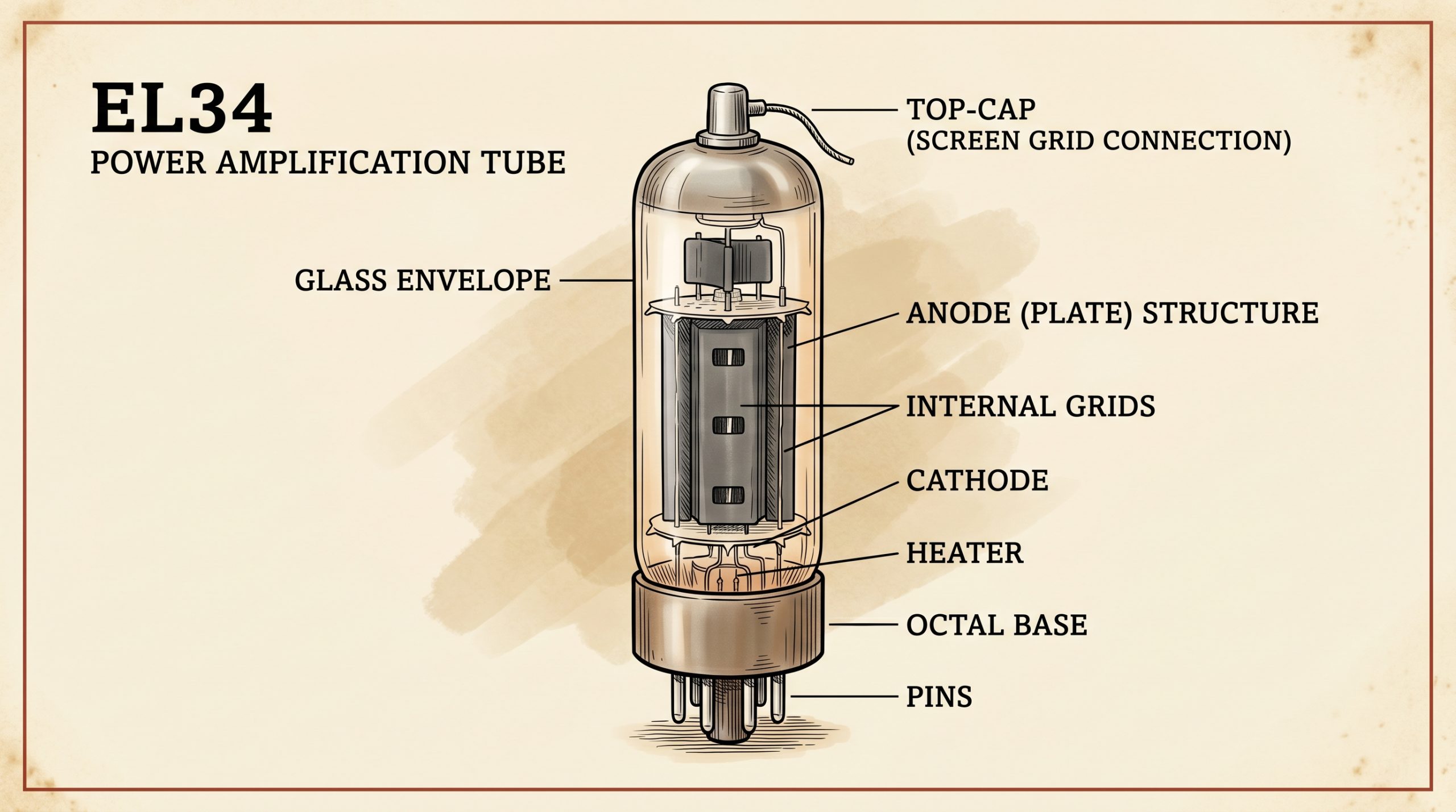 EL34 power pentode vacuum tube shown in a vintage Marshall amplifier catalog from the 1960s