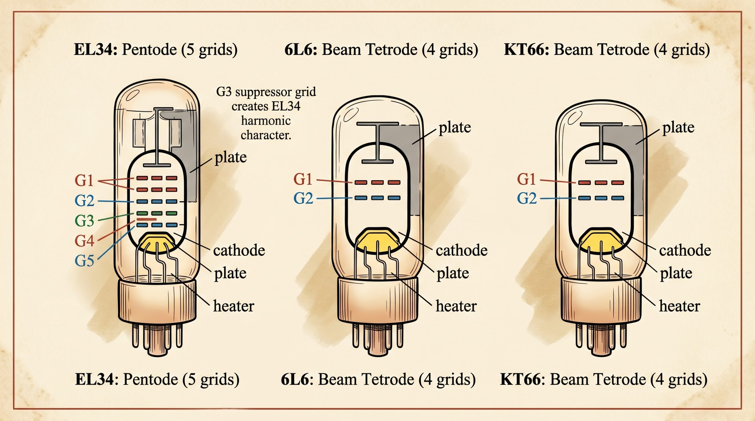 Side-by-side comparison of EL34 pentode and 6L6 beam tetrode tube designs highlighting the suppressor grid difference
