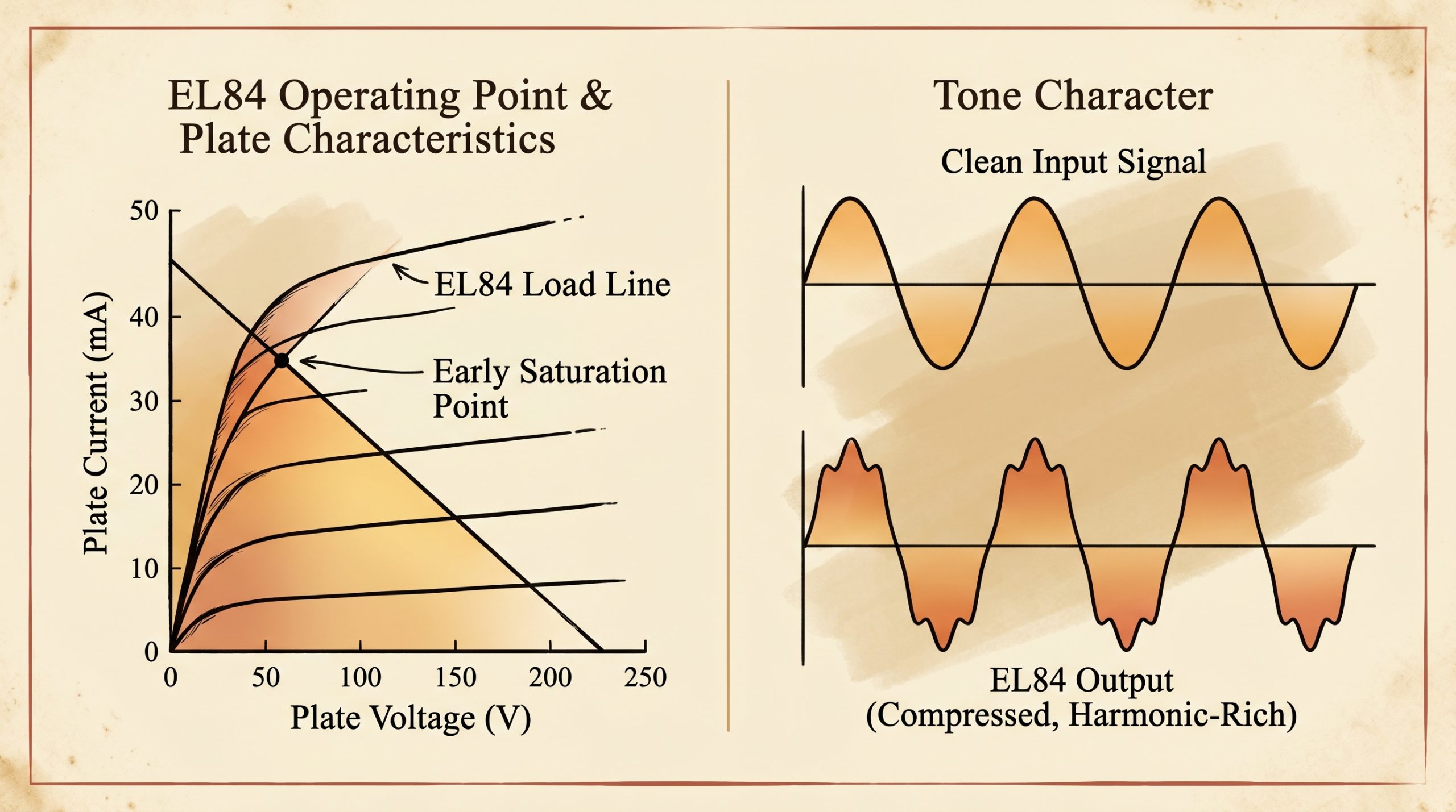 EL84 class-A saturation curve compression harmonics tone characteristic