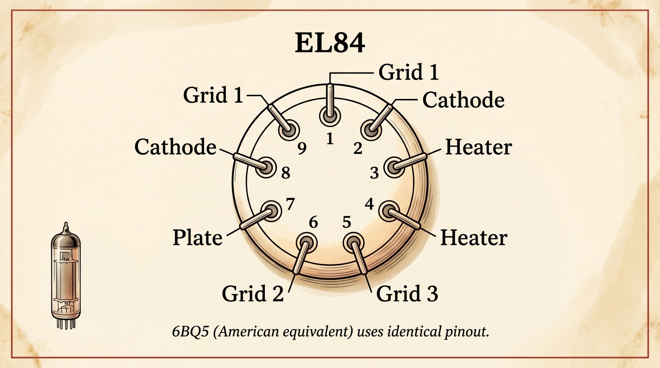 EL84 6BQ5 9-pin noval base pinout schematic tube socket connections