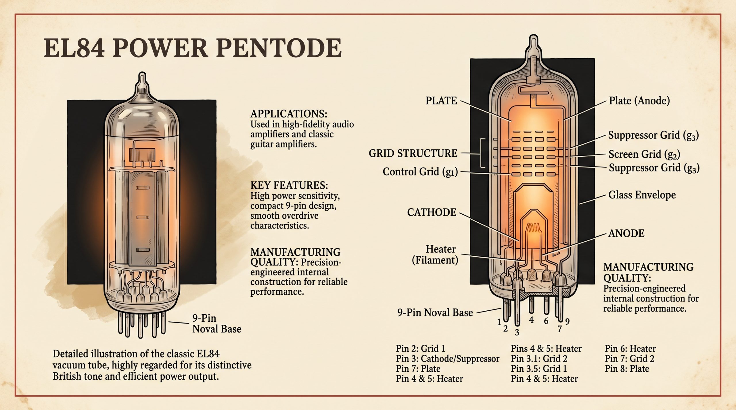 EL84 power pentode vacuum tube 9-pin noval base glowing filament