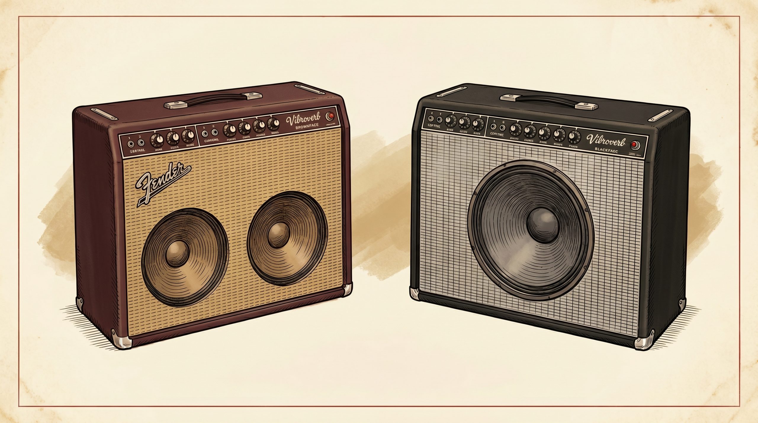 1963 Fender Vibroverb brownface 6G16 and 1964 blackface AA763 catalog illustration