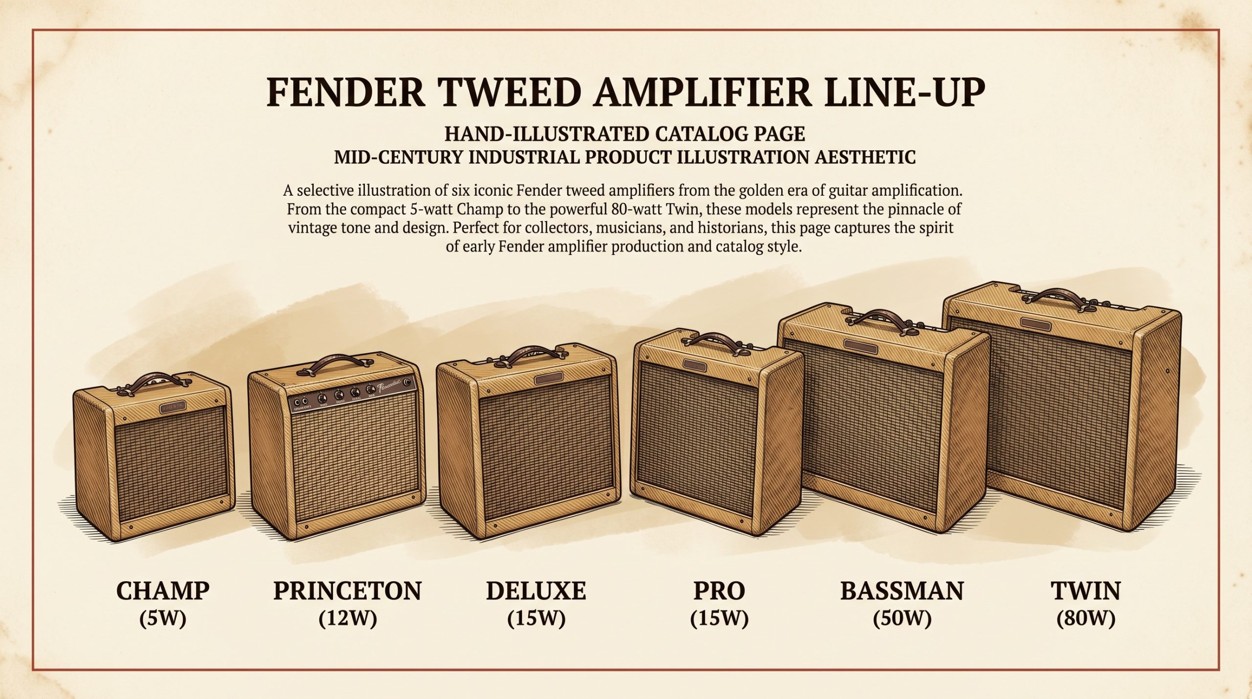 Complete lineup of vintage tweed Fender amplifiers spanning the 1948–1960 production era