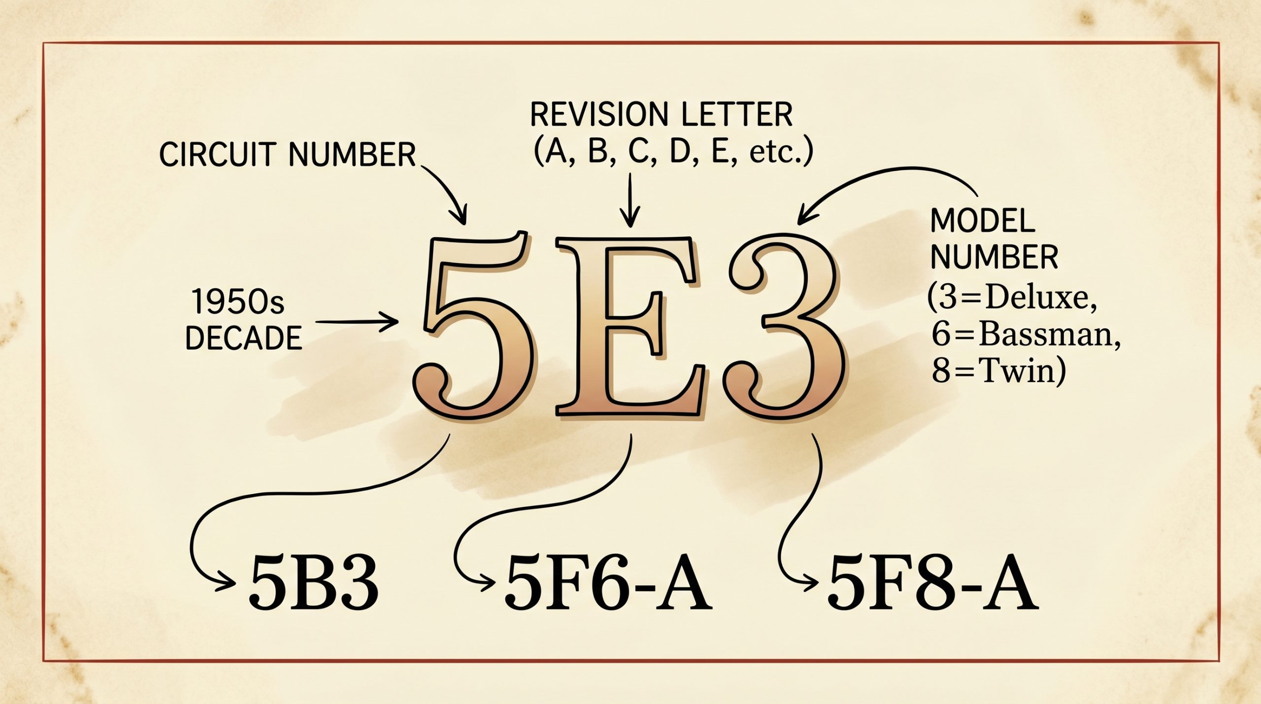 fender tweed circuit number format 5E3 5F6-A identification guide