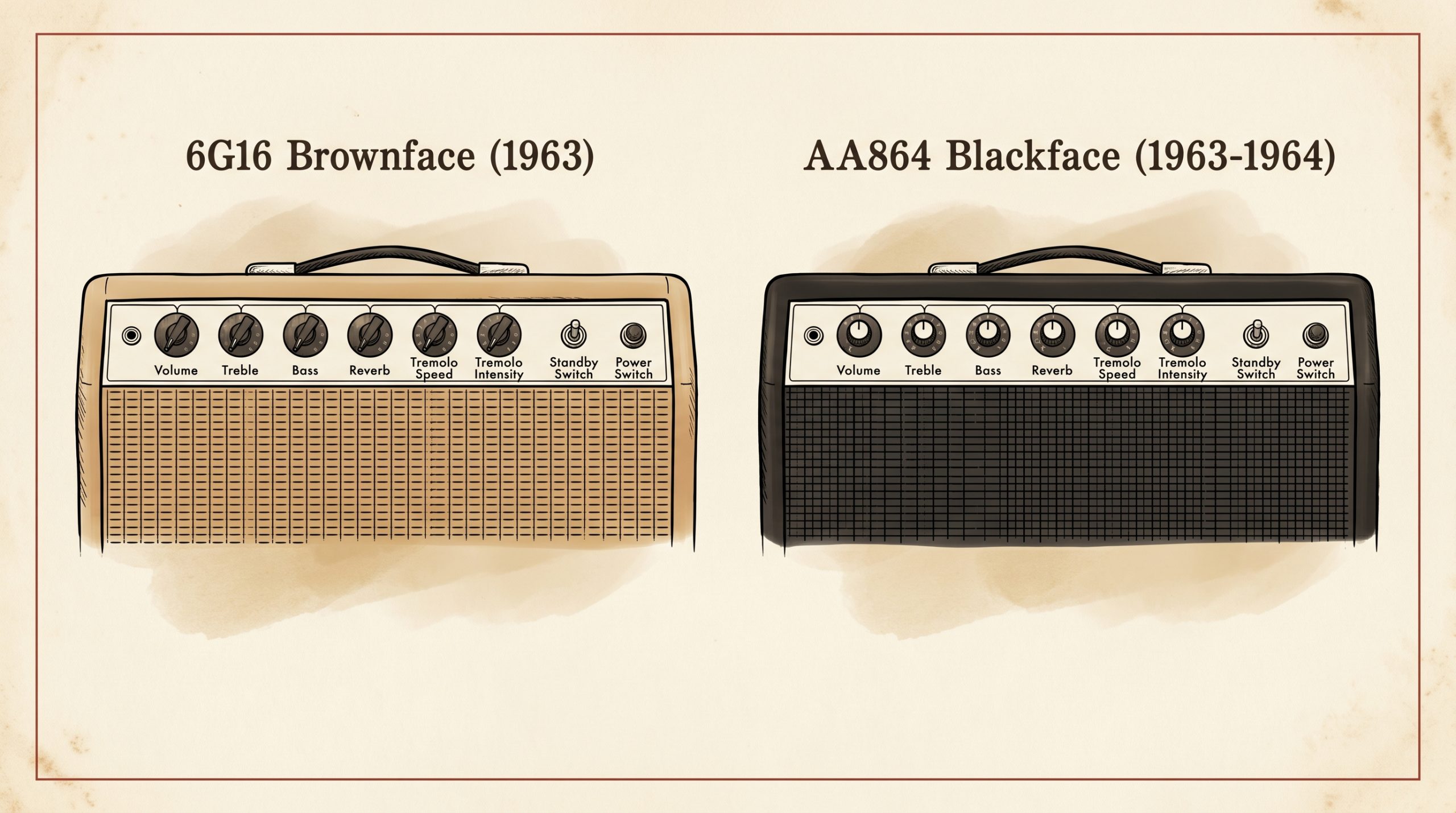 Fender Vibroverb front panel controls layout: 6G16 brownface (left) and AA763 blackface (right)