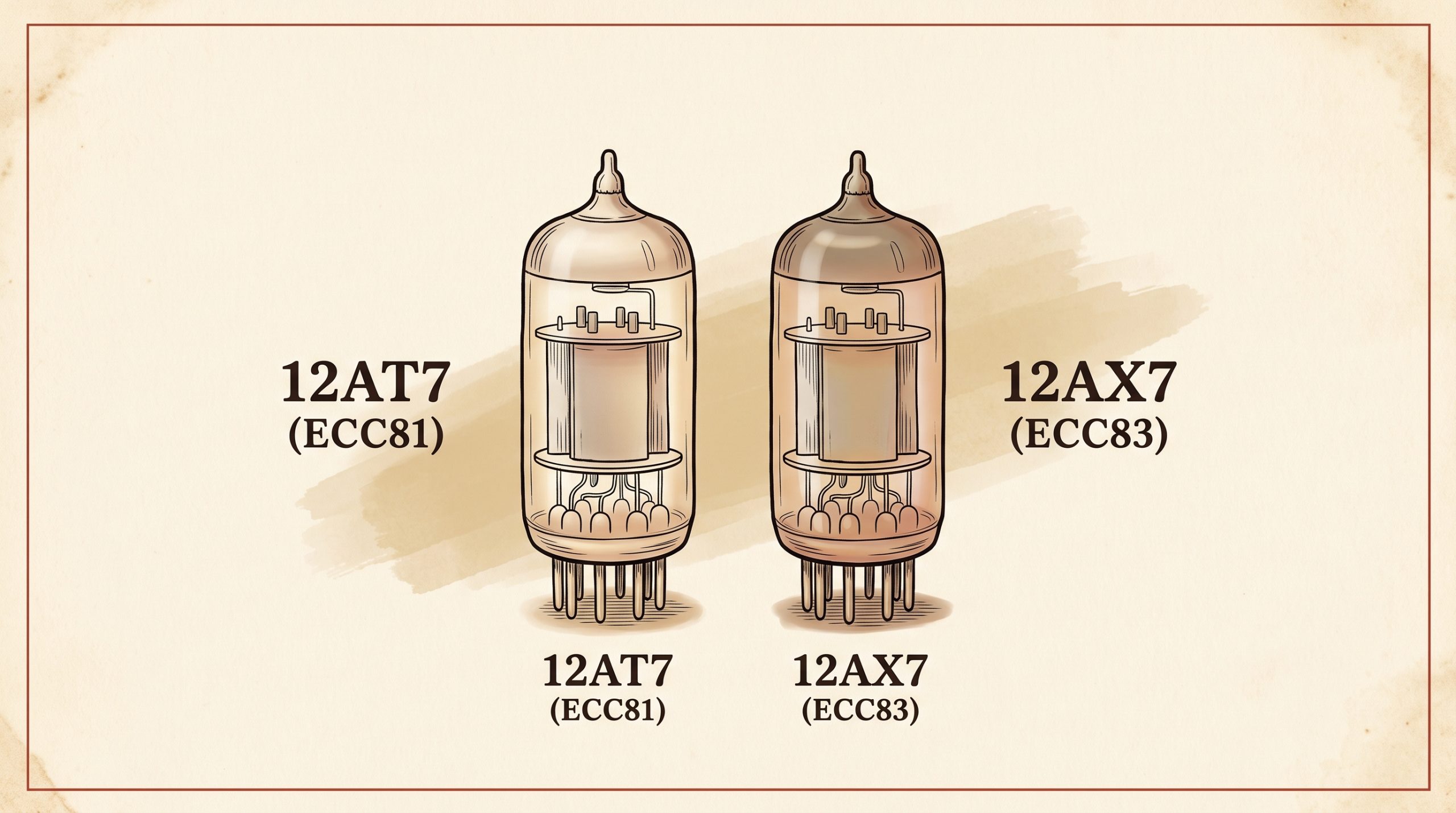 12AT7 and 12AX7 dual-triode preamp tubes side-by-side catalog illustration