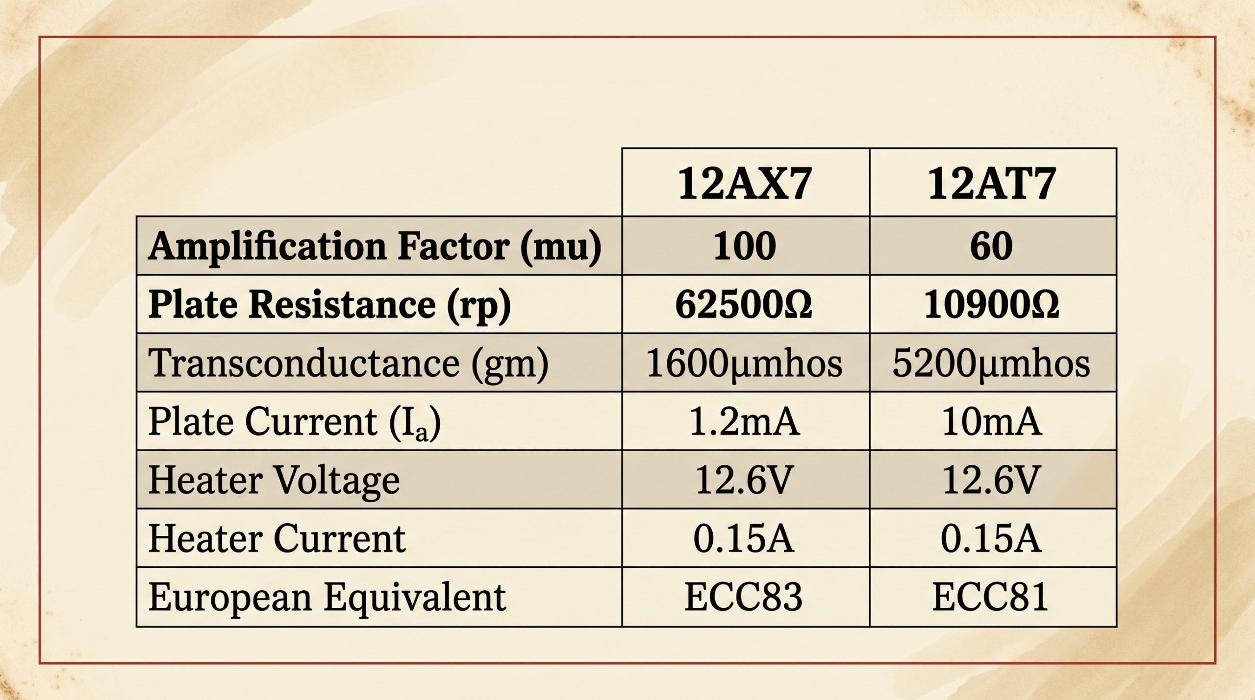 Comparison chart of 12AT7 and 12AX7 specs: amplification factor, plate resistance, transconductance