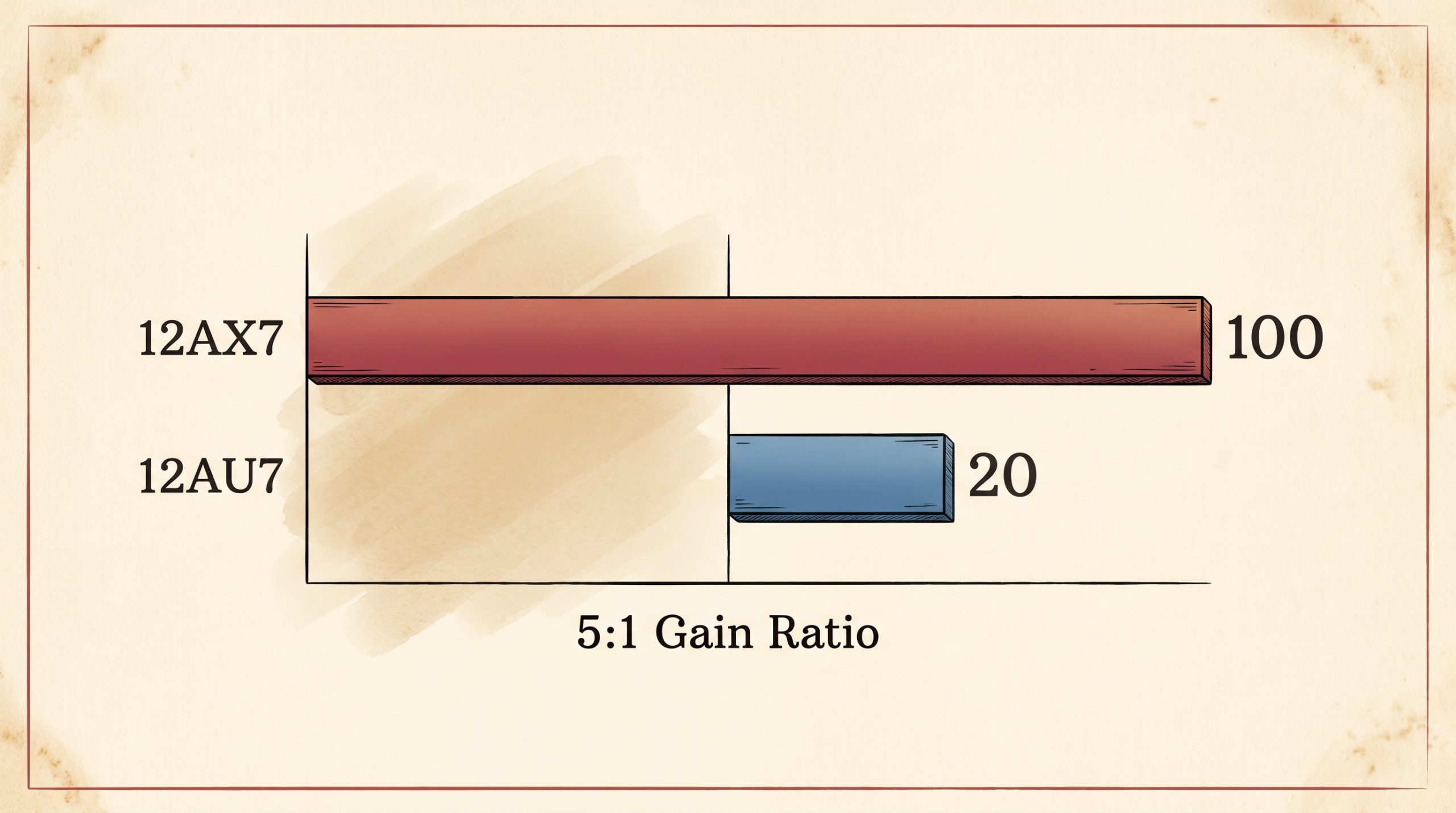 Chart illustrating the gain-ratio gap between the 12AX7 (µ=100) and 12AU7 (µ=17)