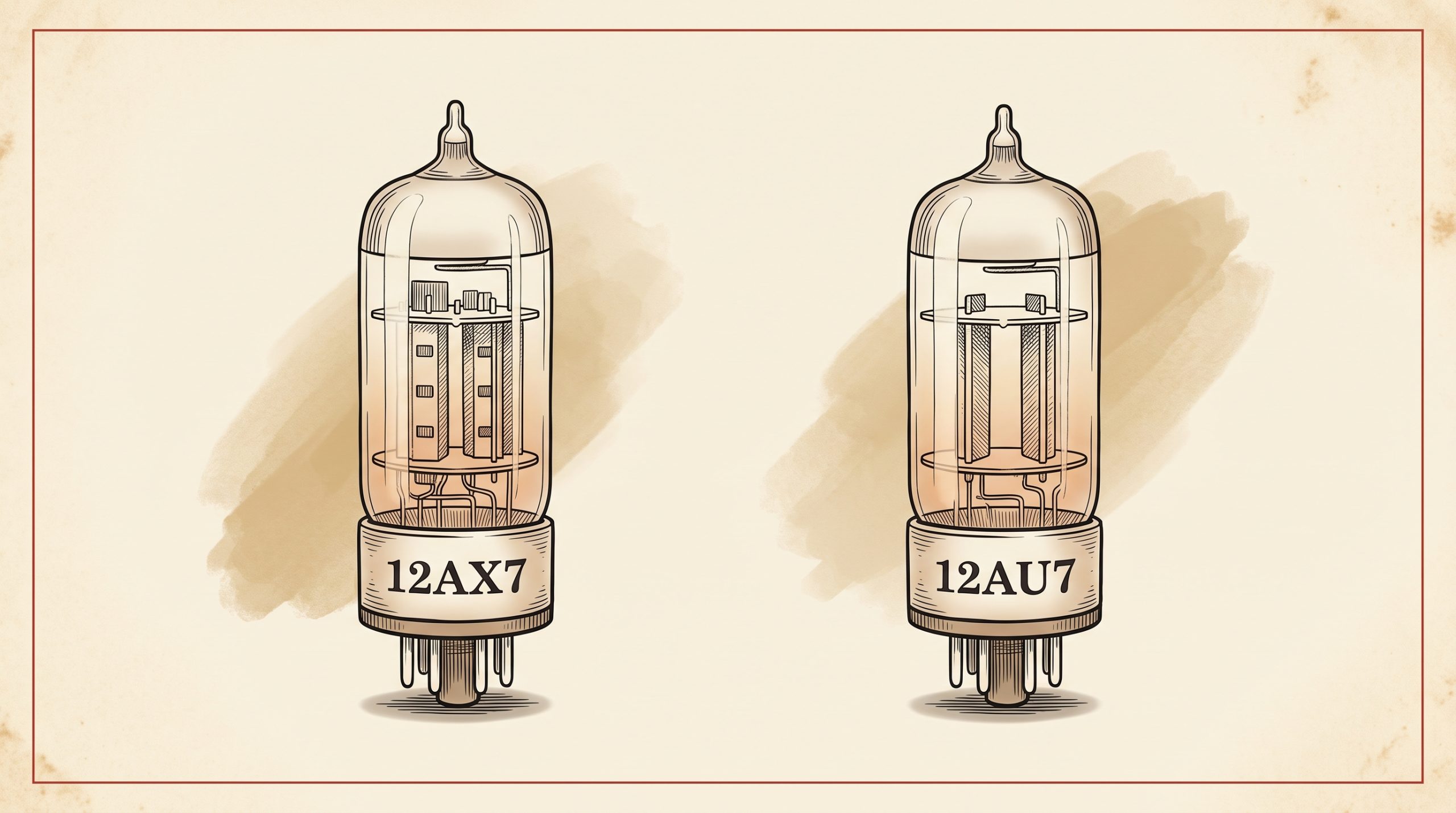12AX7 and 12AU7 dual-triode tubes side-by-side comparison