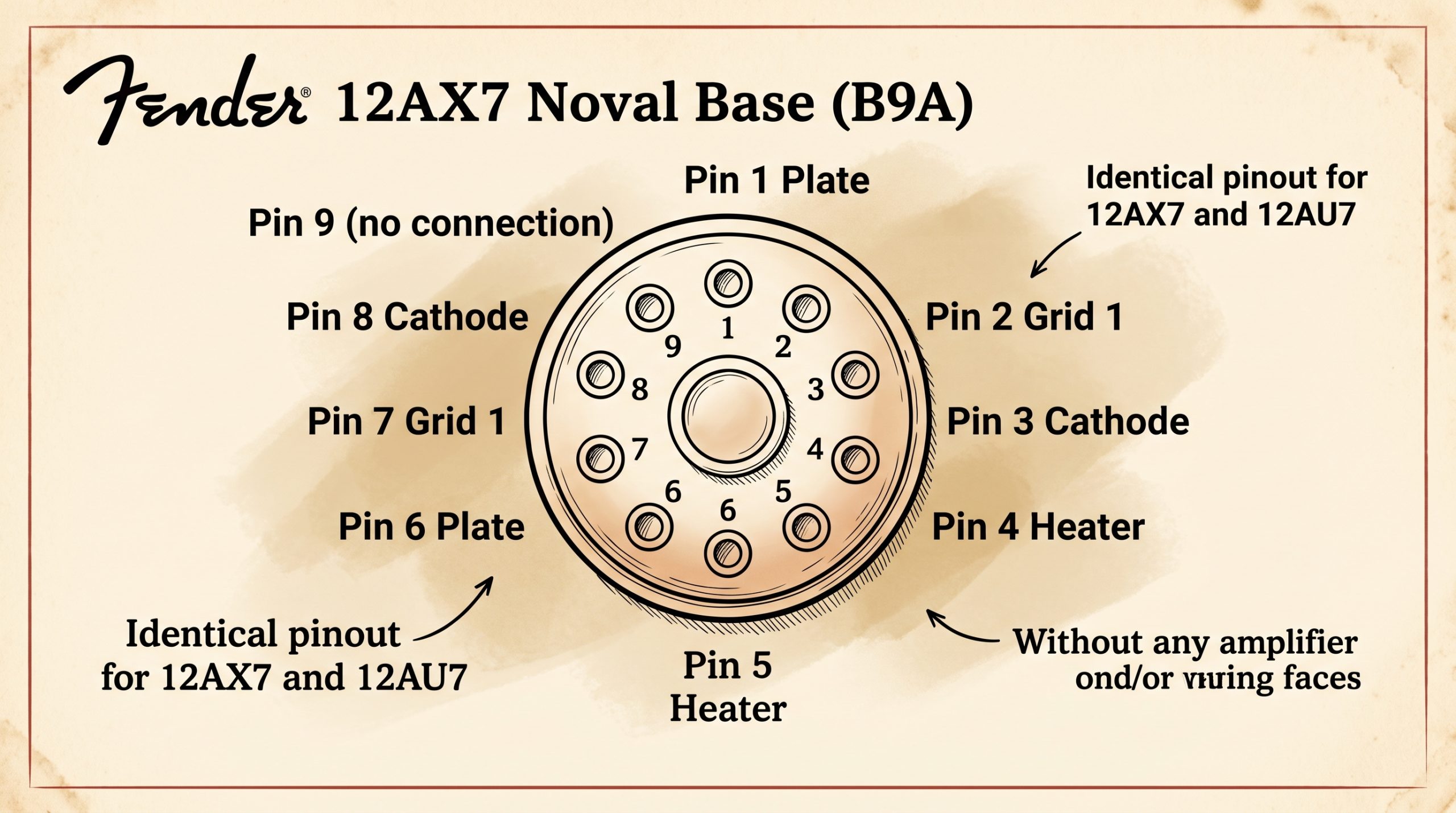 Pinout diagram showing the identical 9-pin Noval B9A pin assignments shared by the 12AX7 and 12AU7