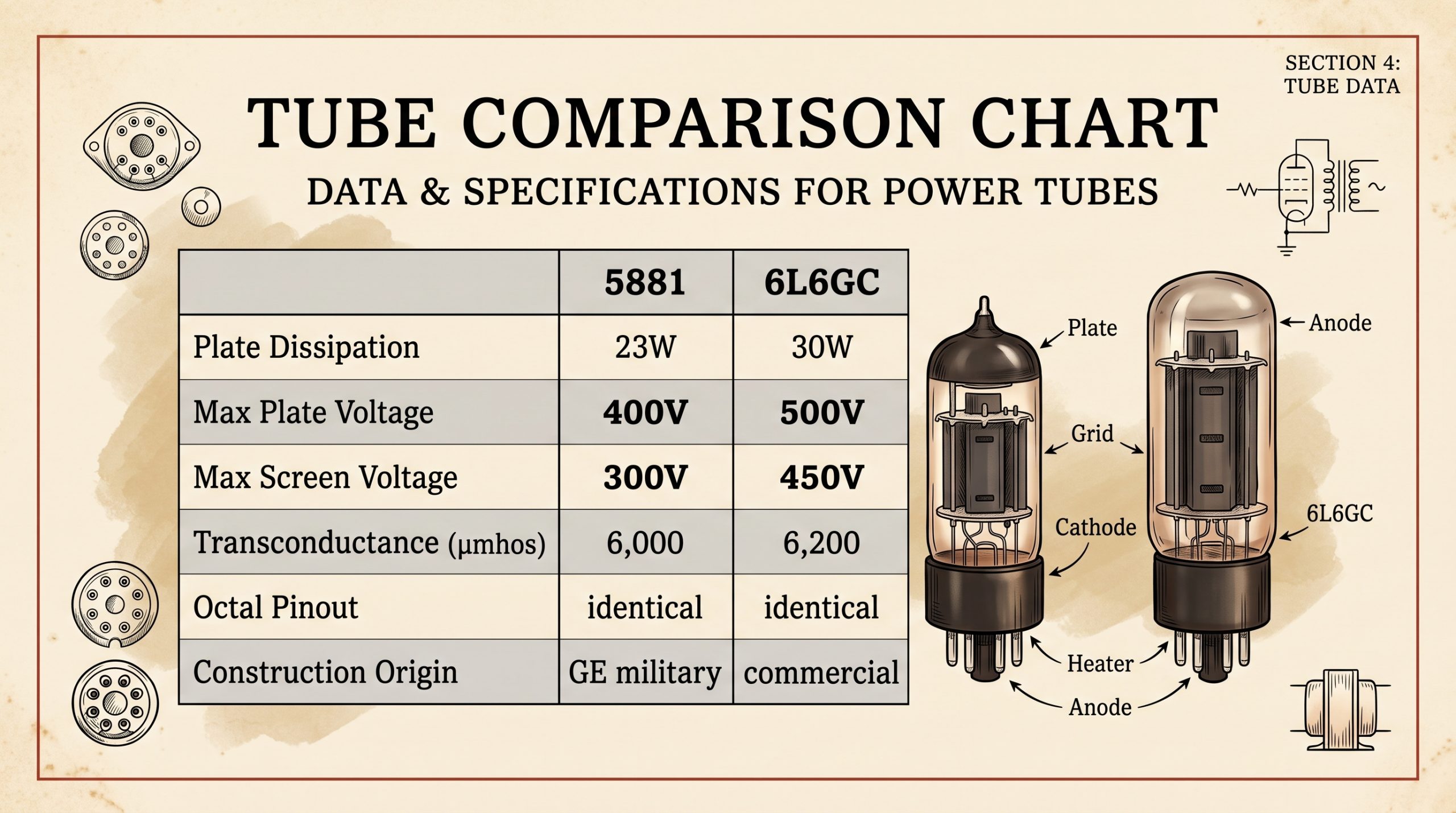 5881 vs 6L6GC electrical specifications plate dissipation voltage ratings