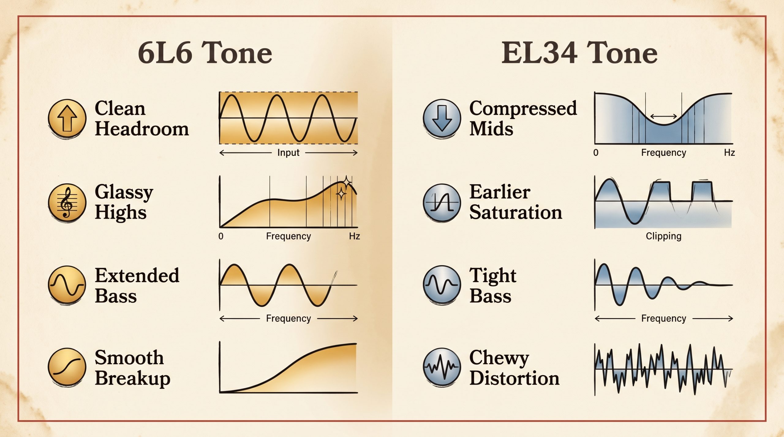 Chart comparing 6L6 and EL34 tonal character across headroom, compression, distortion, bass, and treble response.