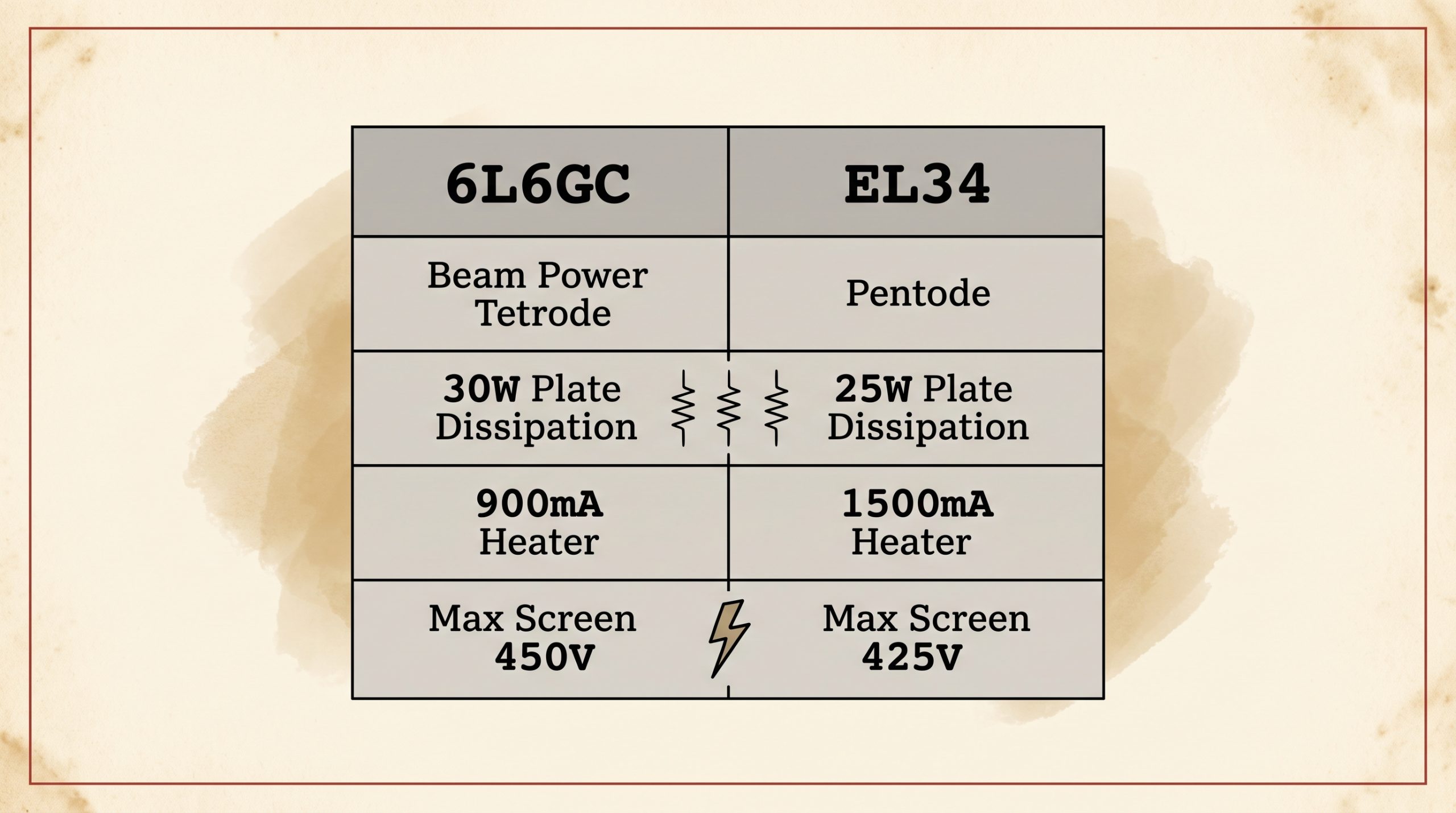 Table comparing 6L6GC and EL34 datasheet specifications, including plate dissipation, heater current, and screen voltage.