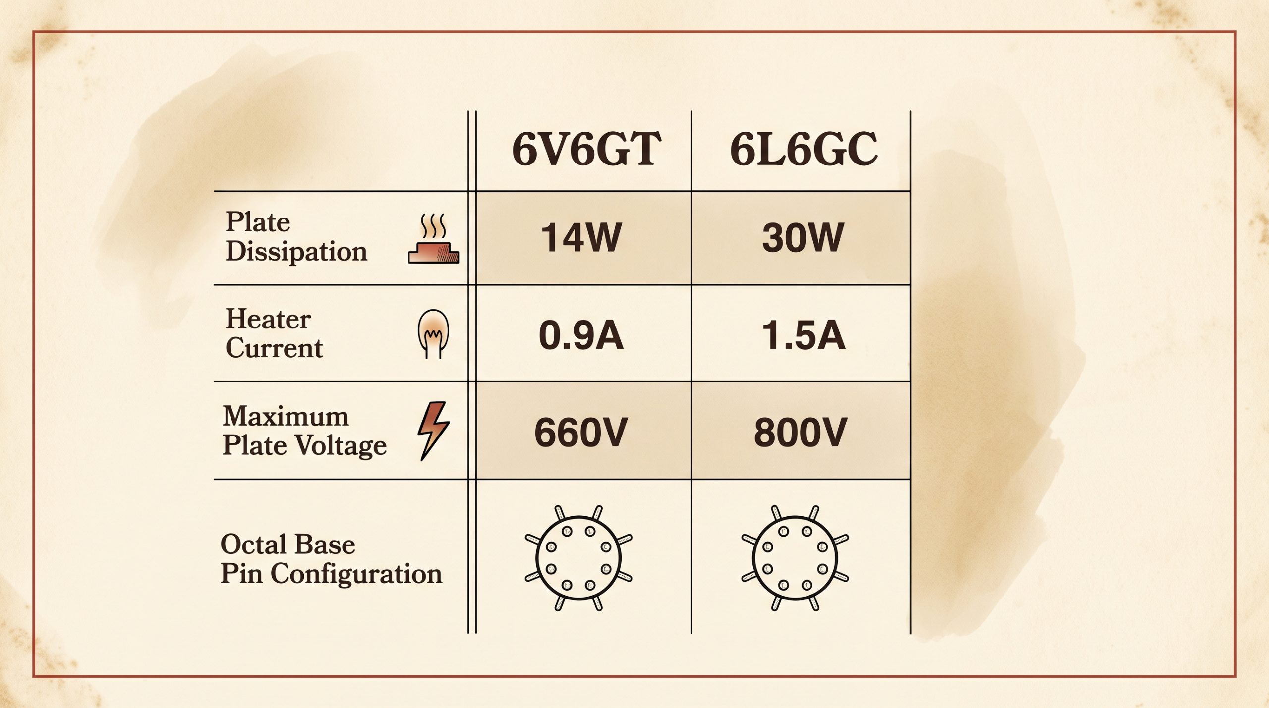 6V6GT 6L6GC plate dissipation heater current specifications chart