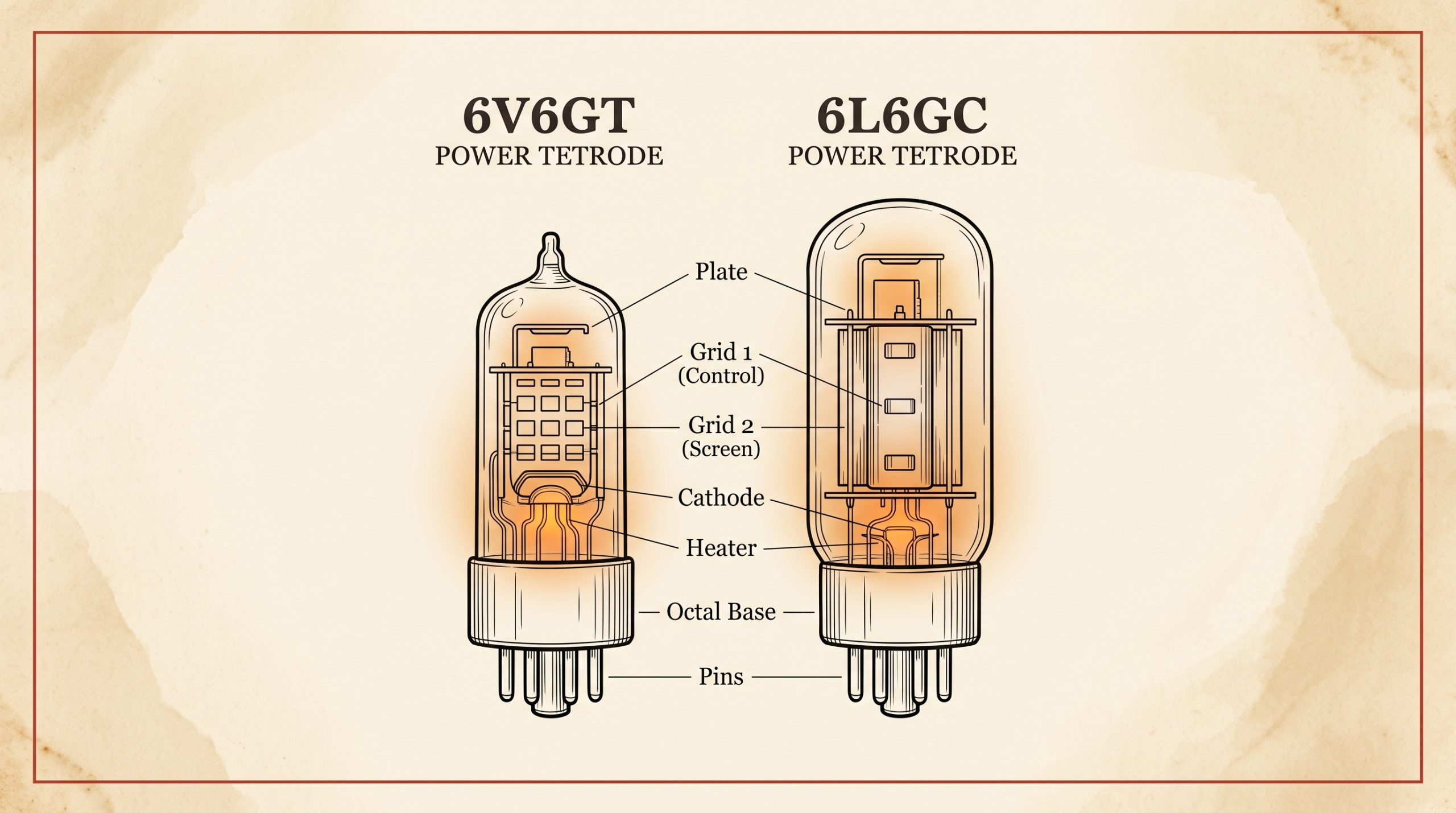 6V6GT and 6L6GC vacuum tubes side-by-side comparison Fender amplifiers