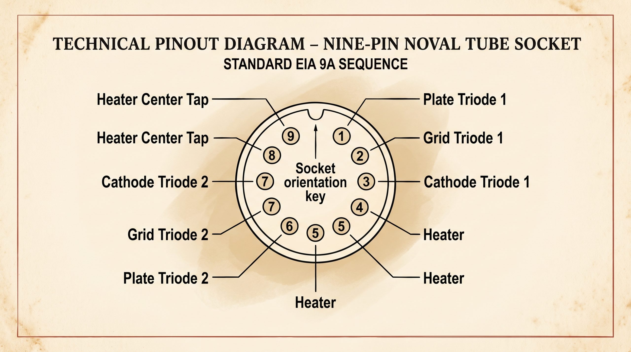 EIA 9A noval pinout diagram dual-triode tube pin layout socket orientation