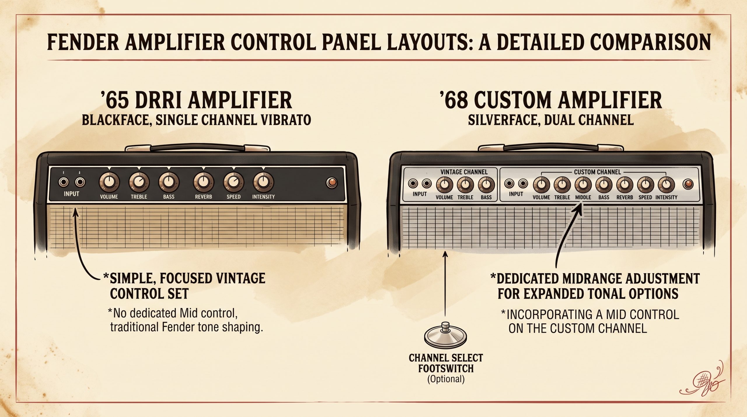 Control panel knob layout compared between the '65 reissue and '68 Custom Deluxe Reverb