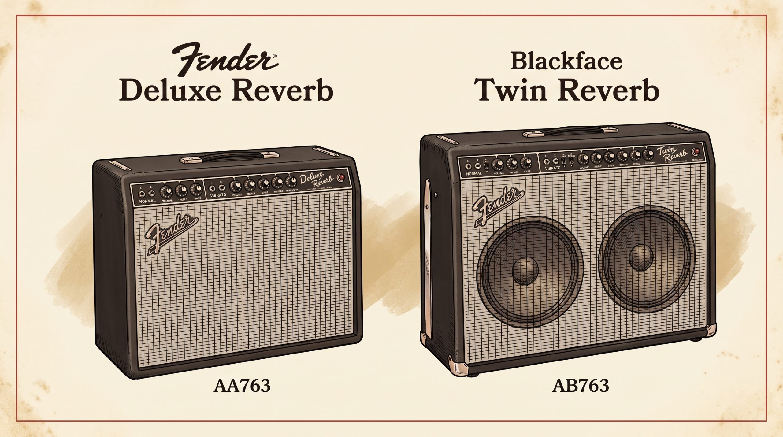 blackface fender deluxe reverb aa763 and twin reverb ab763 front panel comparison