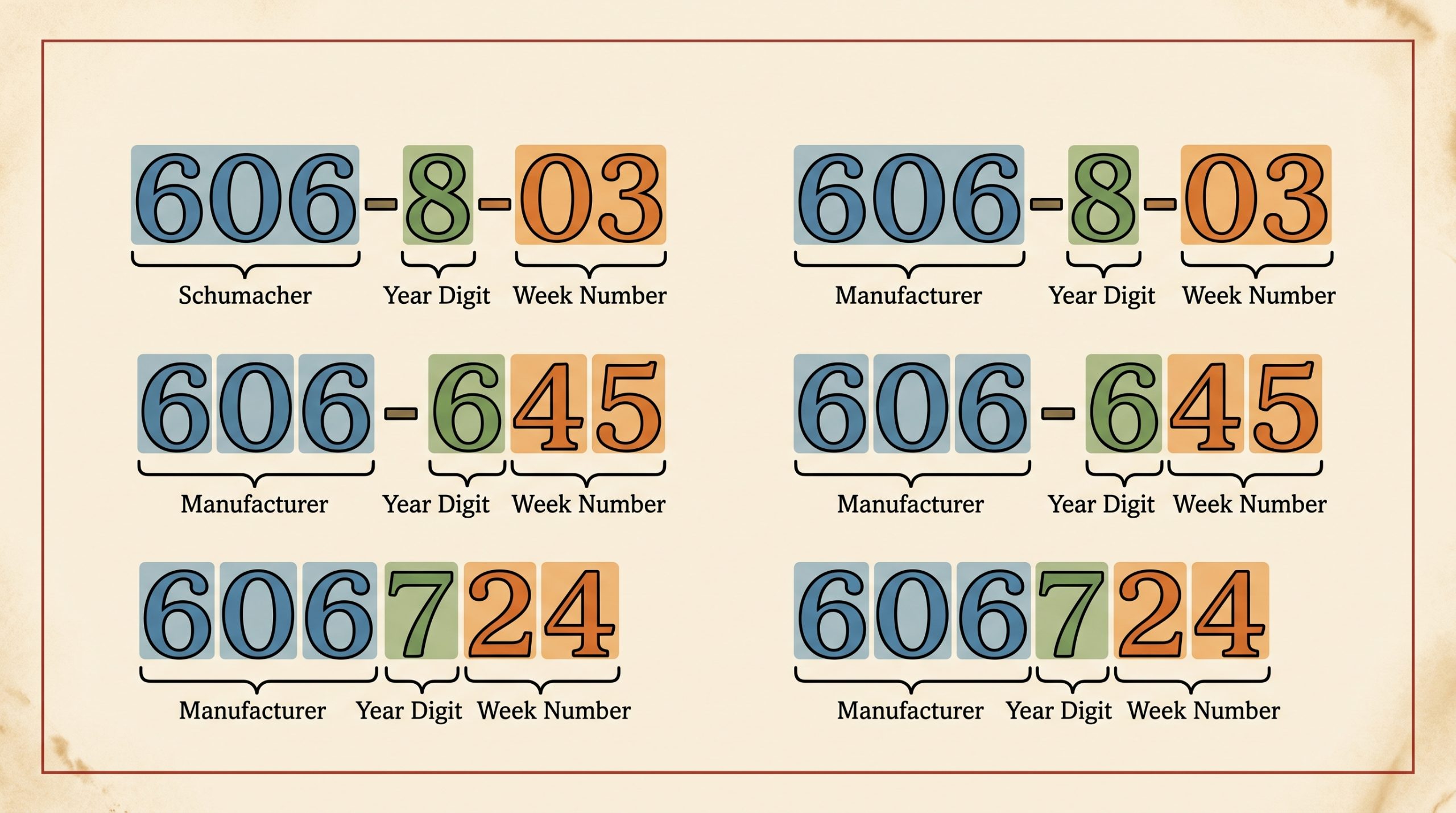 Three EIA 606 code formats compared, with the Schumacher prefix, year digit, and week number labeled