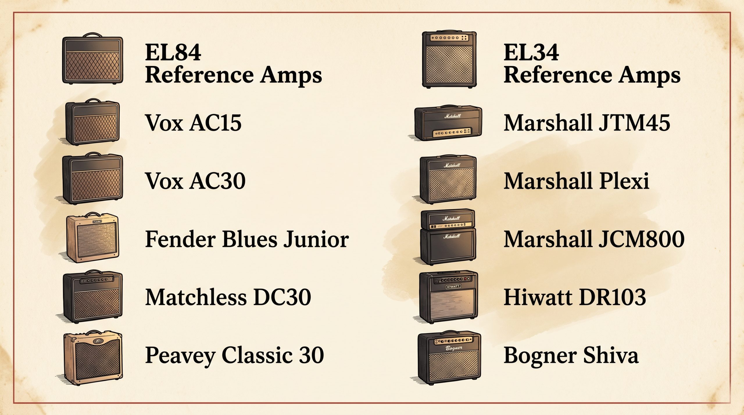 EL84 EL34 reference amplifier models Vox Marshall Fender Hiwatt