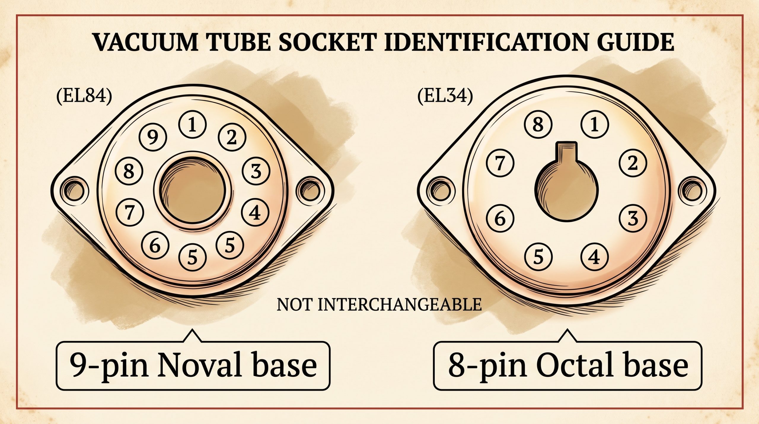 EL84 9-pin Noval base EL34 8-pin Octal socket pinout diagram