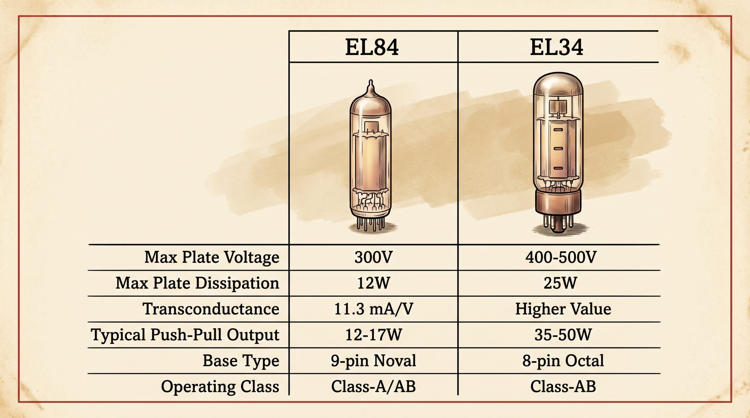 EL84 vs EL34 electrical specifications plate voltage dissipation transconductance