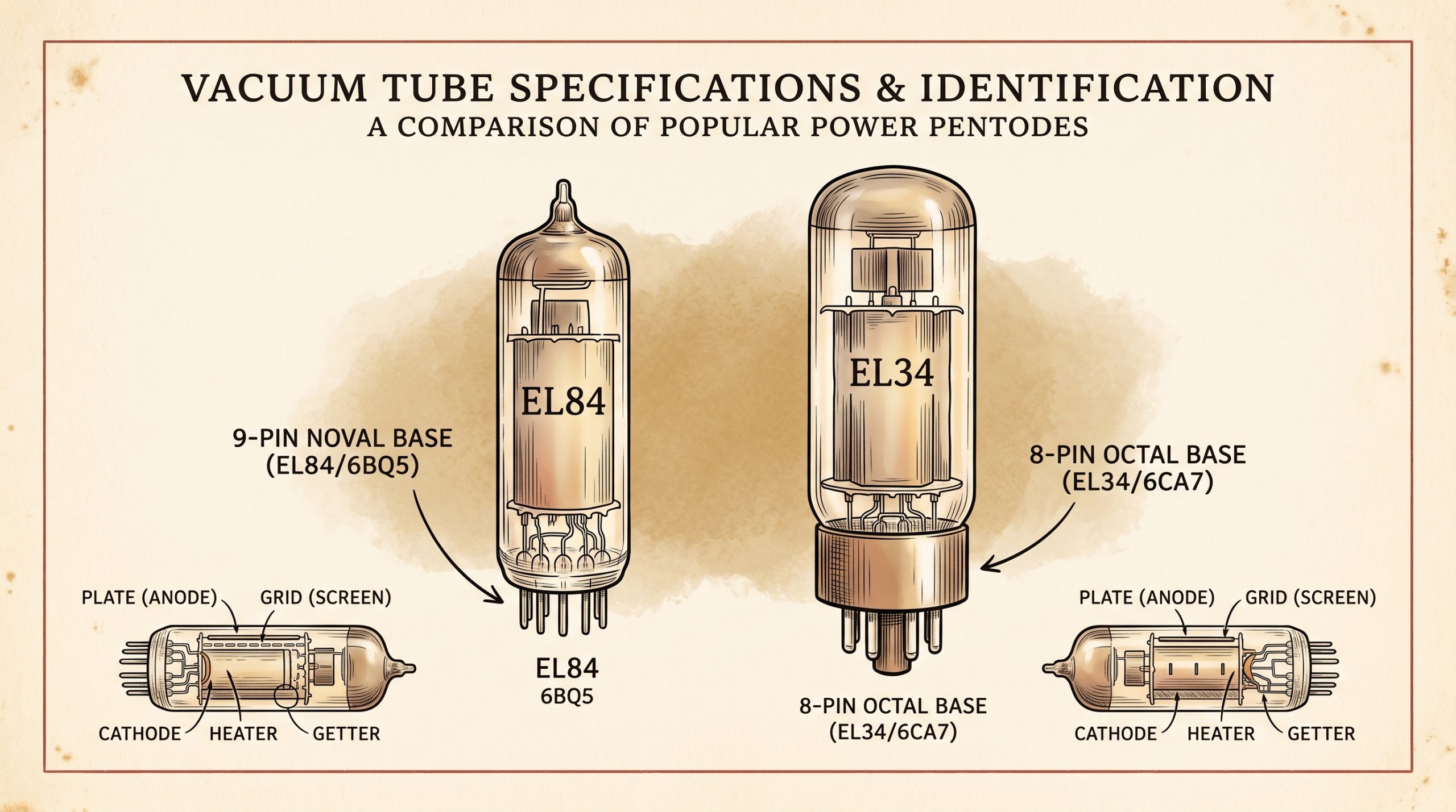 EL84 and EL34 power tubes side-by-side size comparison illustration