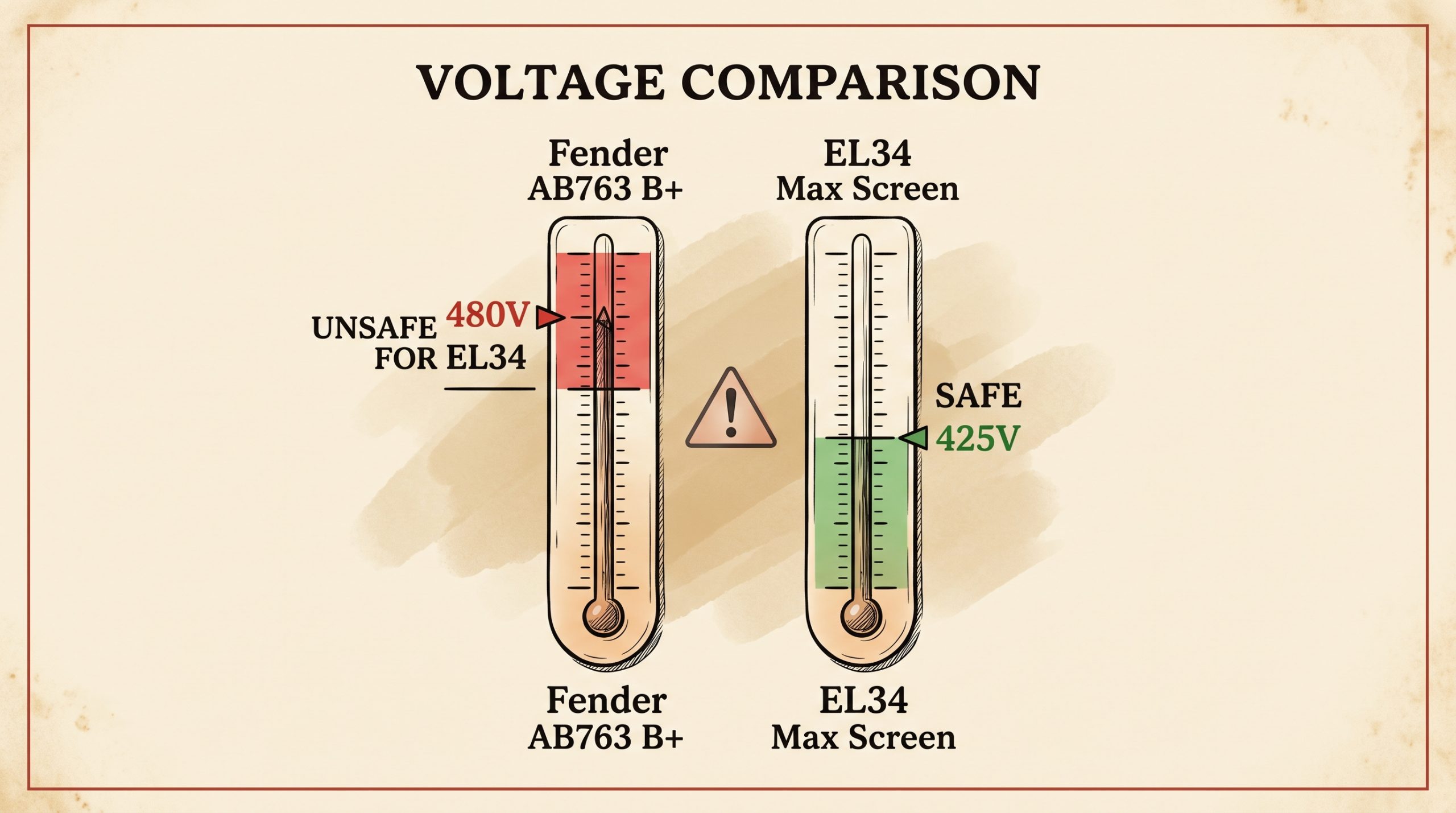 Diagram comparing Fender AB763 B+ voltage against the EL34's maximum screen voltage rating to illustrate the swap risk.