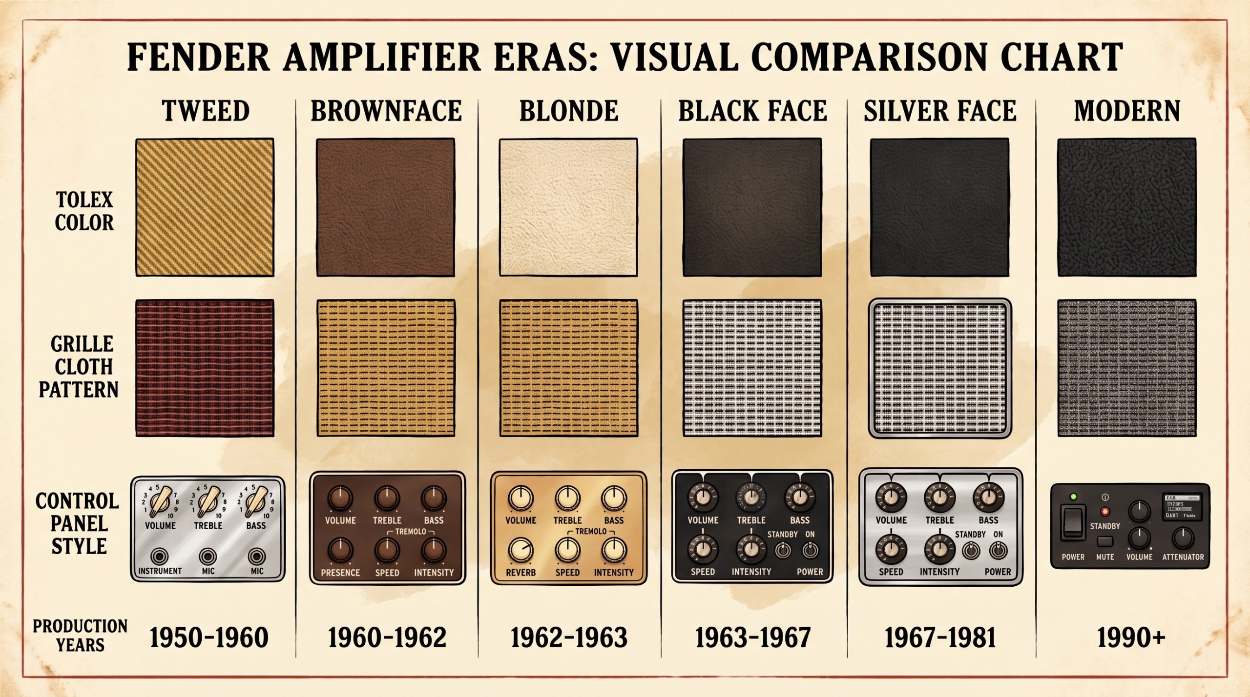 fender amp era identification tweed brownface blonde blackface silverface comparison